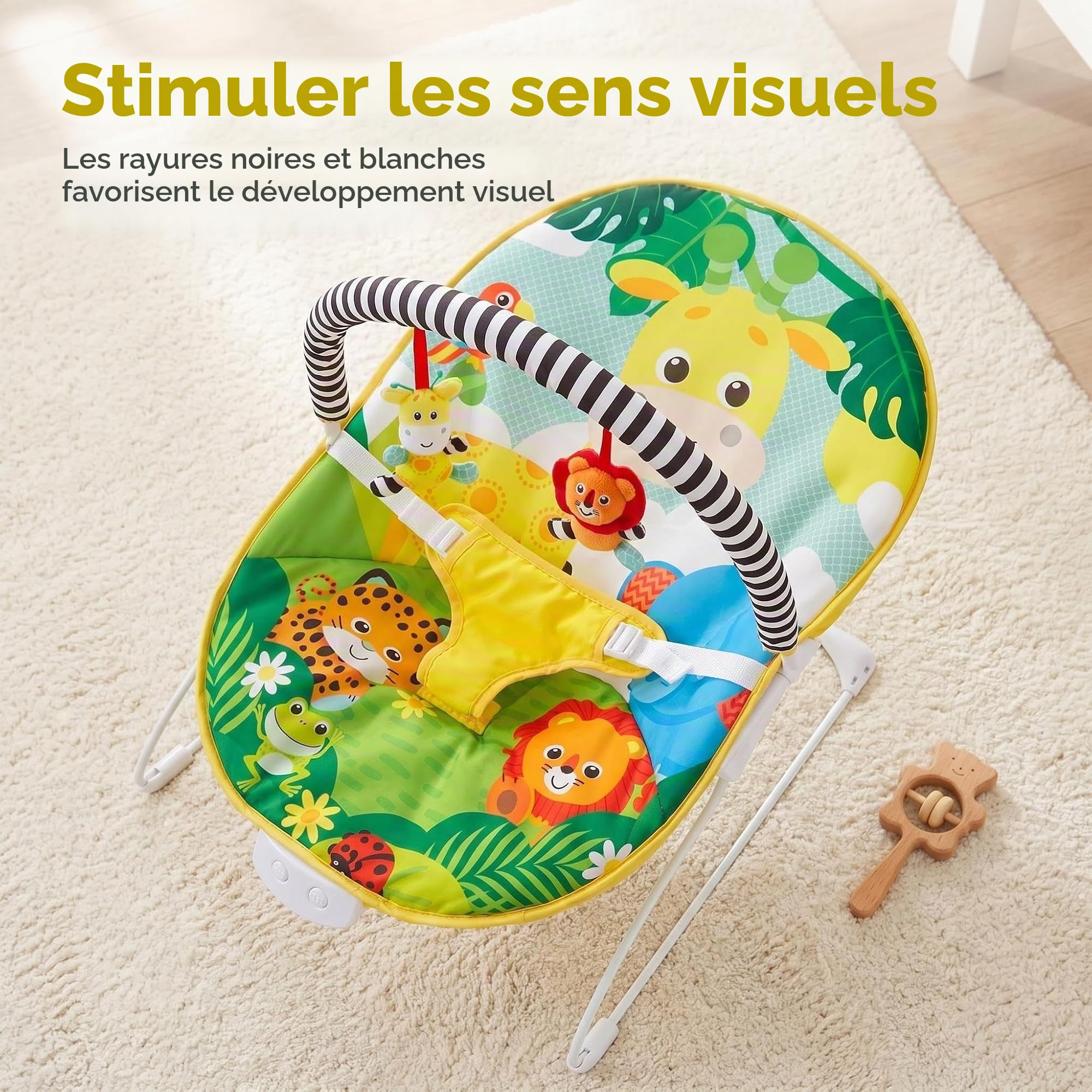 LADIDA Transat pour bébé, thème safari lumineux et coloré, musique apaisante et vibrations pour détendre et divertir