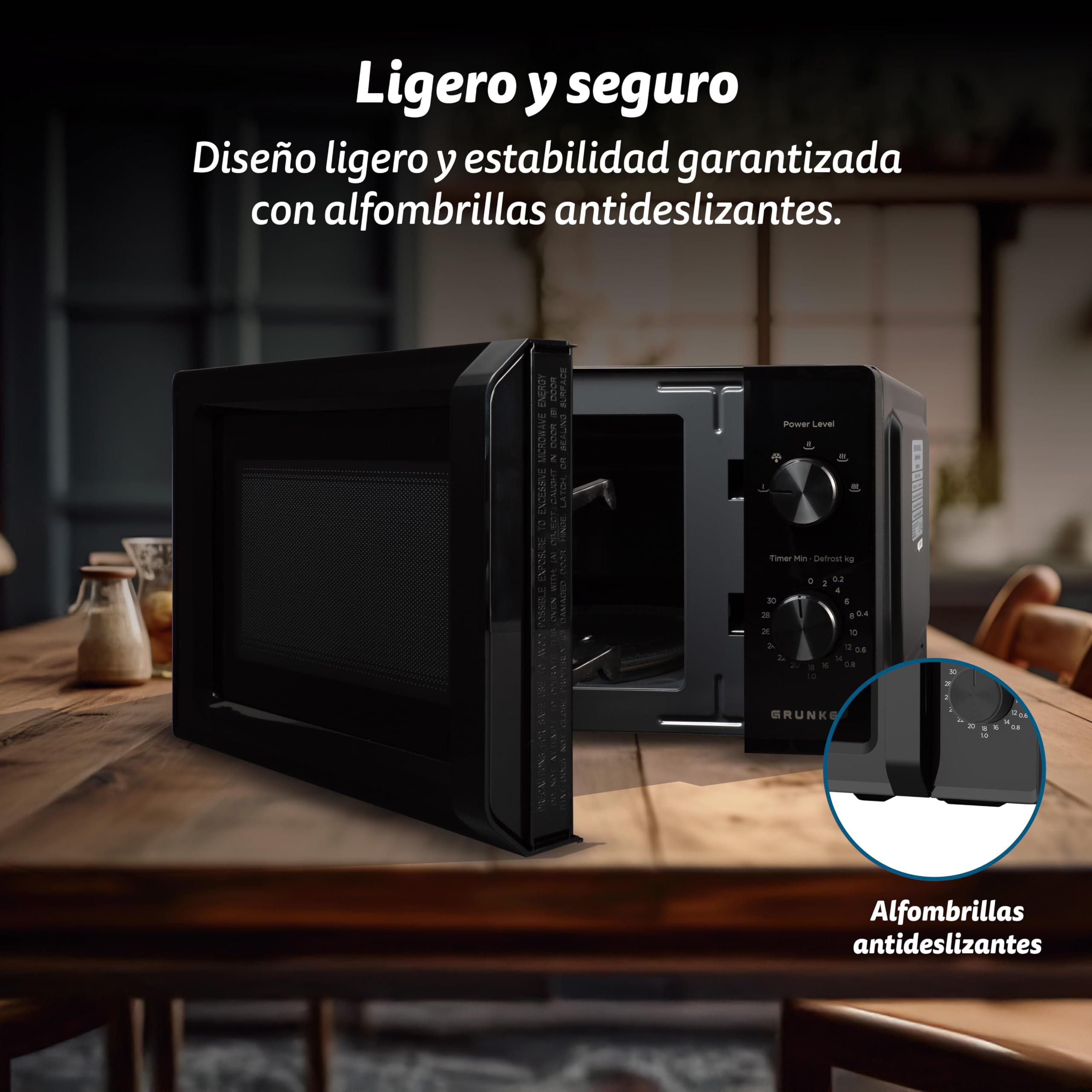 Microondas Grunkel sin grill de 700w MW-20MN con 5 niveles de potencia, descongelacion 20 litros de capacidad y plato de 24,5cm.