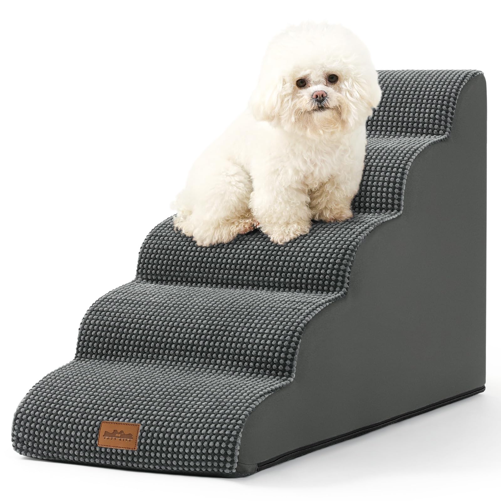 COZY KISS Scale per Cani di Piccola, Scale per Animali per Letto, Divano e Sedia, Rampa per Gatti con Rivestimento Lavabile e Fondo Antiscivolo, Leggera, 40x84x57cm, 5 Gradini, Grigio Scuro