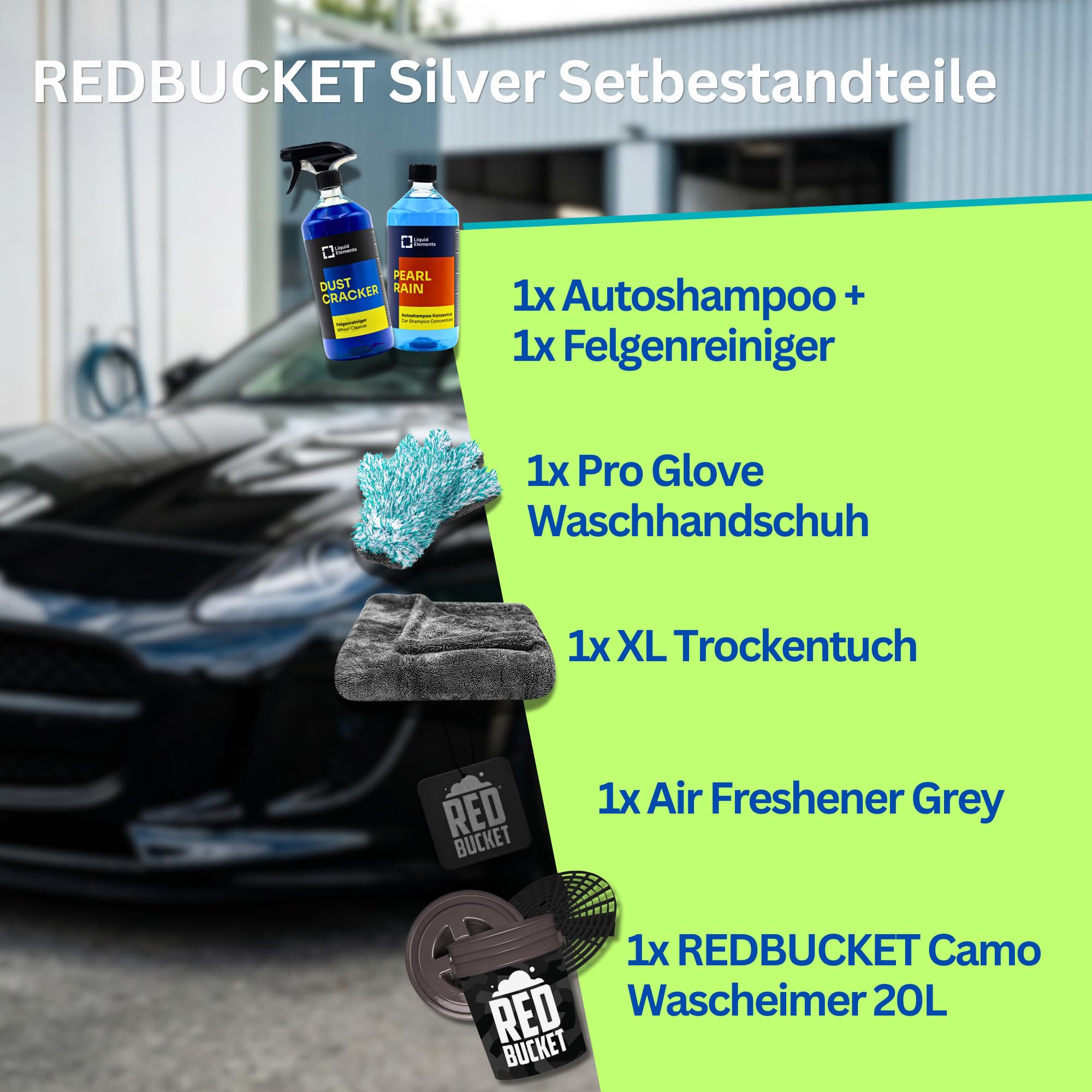 REDBUCKET Autowäsche Set 6-tlg. - Wascheimer 20L Tactical Camo | Pro Glove Waschhandschuh + Autoshampoo + Felgenreiniger + Trockentuch + Lufterfrischer | Autopflege Set