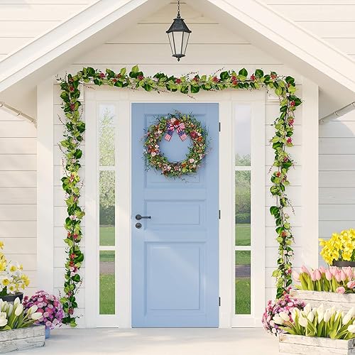 Miniatura 6 de Whaline 5 rollos de cinta patriótica para el 4 de julio, estrellas y rayas de arpillera con borde con alambre, cinta decorativa de bandera