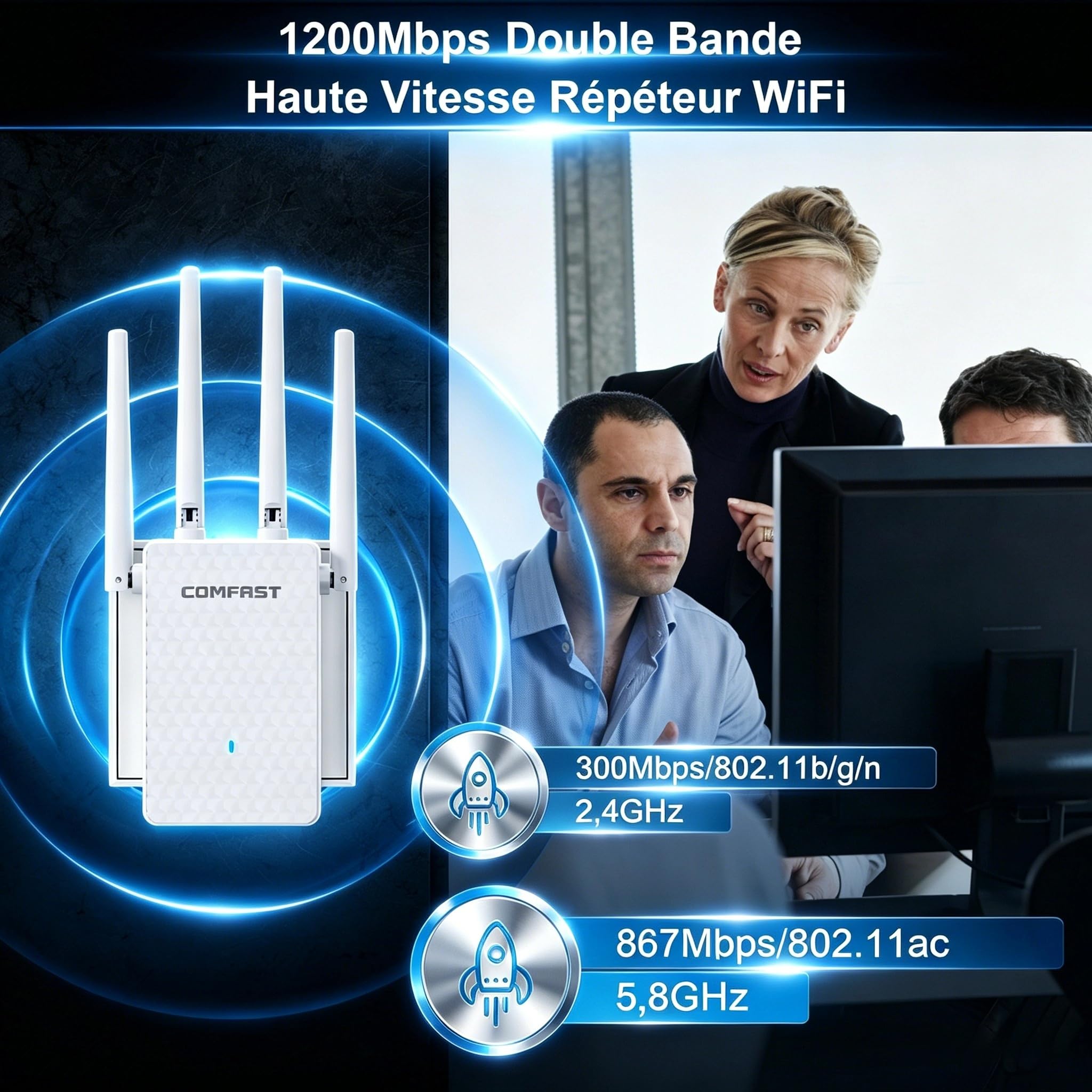 COMFAST Répéteur WiFi AC1200 Mbps, Amplificateur WiFi Puissant Double Bande avec 4 Antennes Haut Gain, Couverture 360°, Configuration WPS One-Touch, Port LAN, Compatible Toutes Les Box Internet