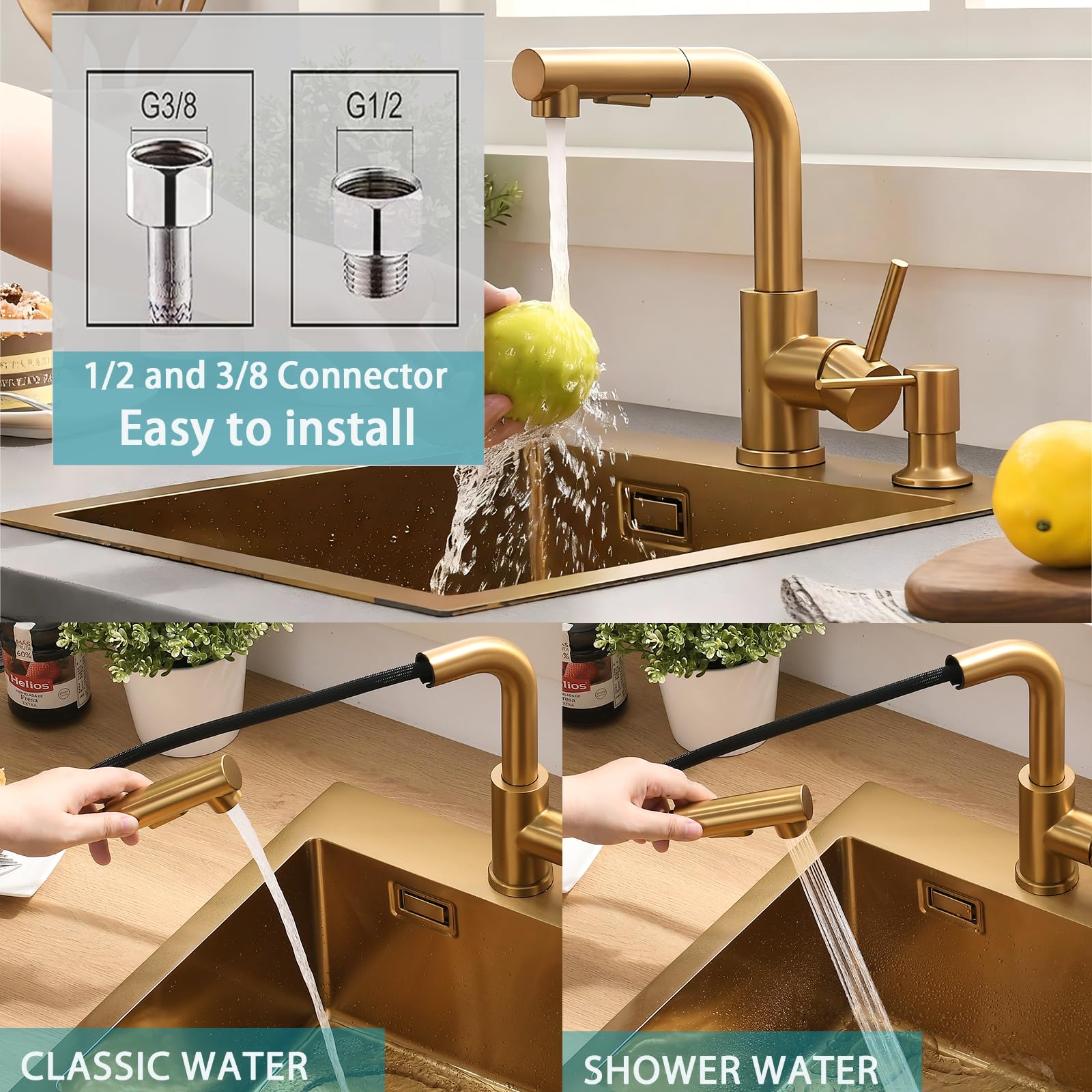 55 x 45 cm Or Evier Cuisine Inox 1 Bac avec Robinet de Cuisine Extractible, Petit Evier de Cuisine sous Plan/sur Plan avec Distributeur de Savon