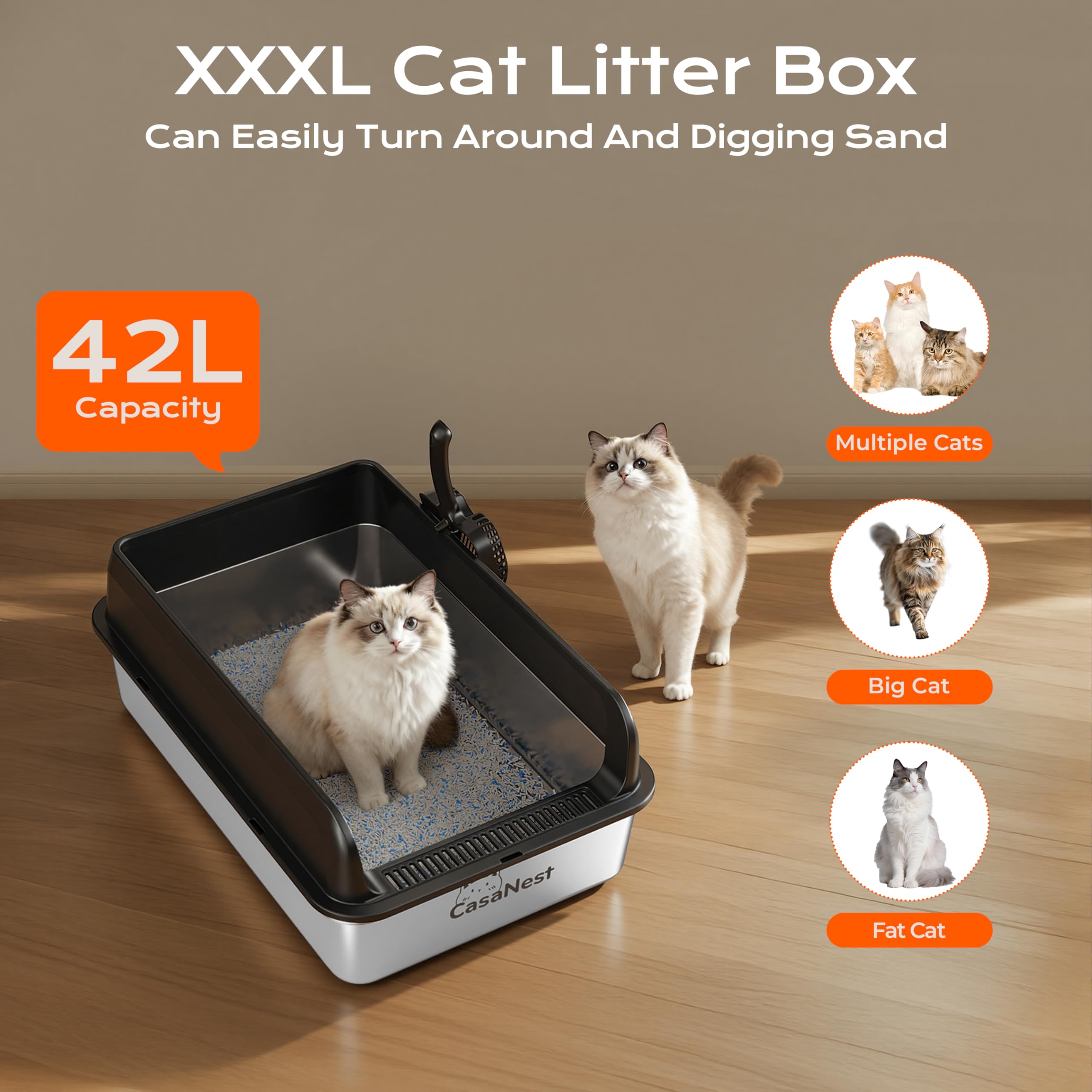 XXL Stainless Steel Cat Litter Box with Lid, 3-in-1 Enclosed Top Entry Metal Litter Box for Large & Multi Cats, Non-Stick & Leak-Proof, Odor Control, Easy-Clean - image 2
