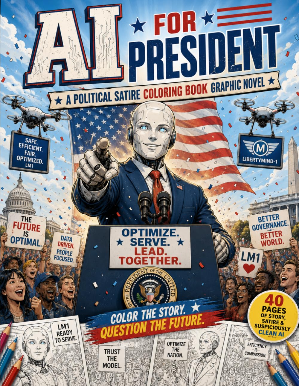 AI FOR PRESIDENT: A Political Satire Coloring Book Graphic Novel: Color the story. Question the future.