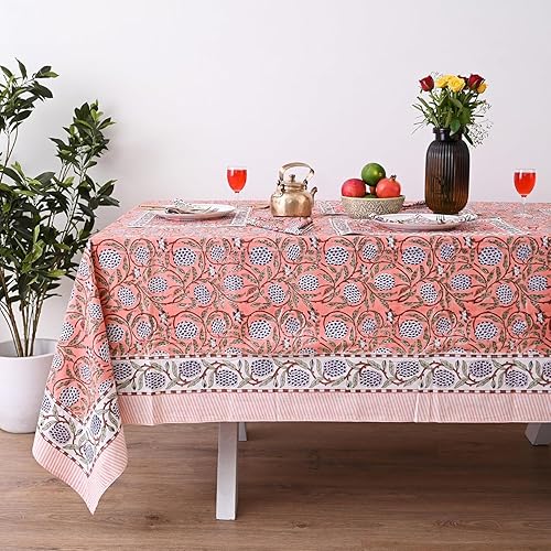 Miniatura 57 de Hand Block Printed Cotton Tablecloth – Elegant Floral Design Perfect for Dining Table Kitchen Parties Home Decor, Wall Tapestry (Peach Floral, 6