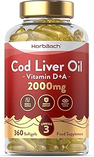 Cod Liver Oil Capsules | 2000mg | 360 Count | with High Strength Omega 3, Vitamin D and A | Bone and Muscle Support, Healthy Vision, and Immune Support | by Horbaach