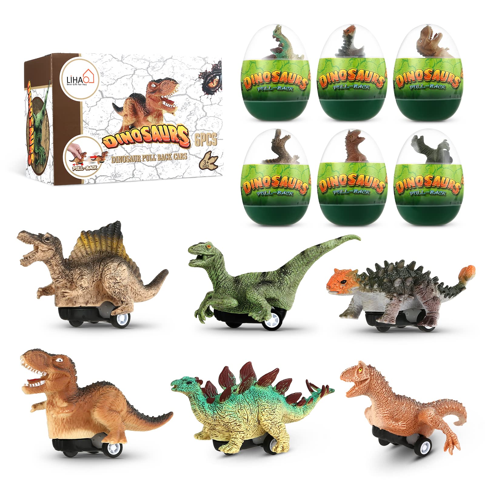 LIHAO 6 Pack Dinosaur Toys Pull Back Cars for Easter Egg Hunt, Easter Basket Stuffers Fillers Gift
