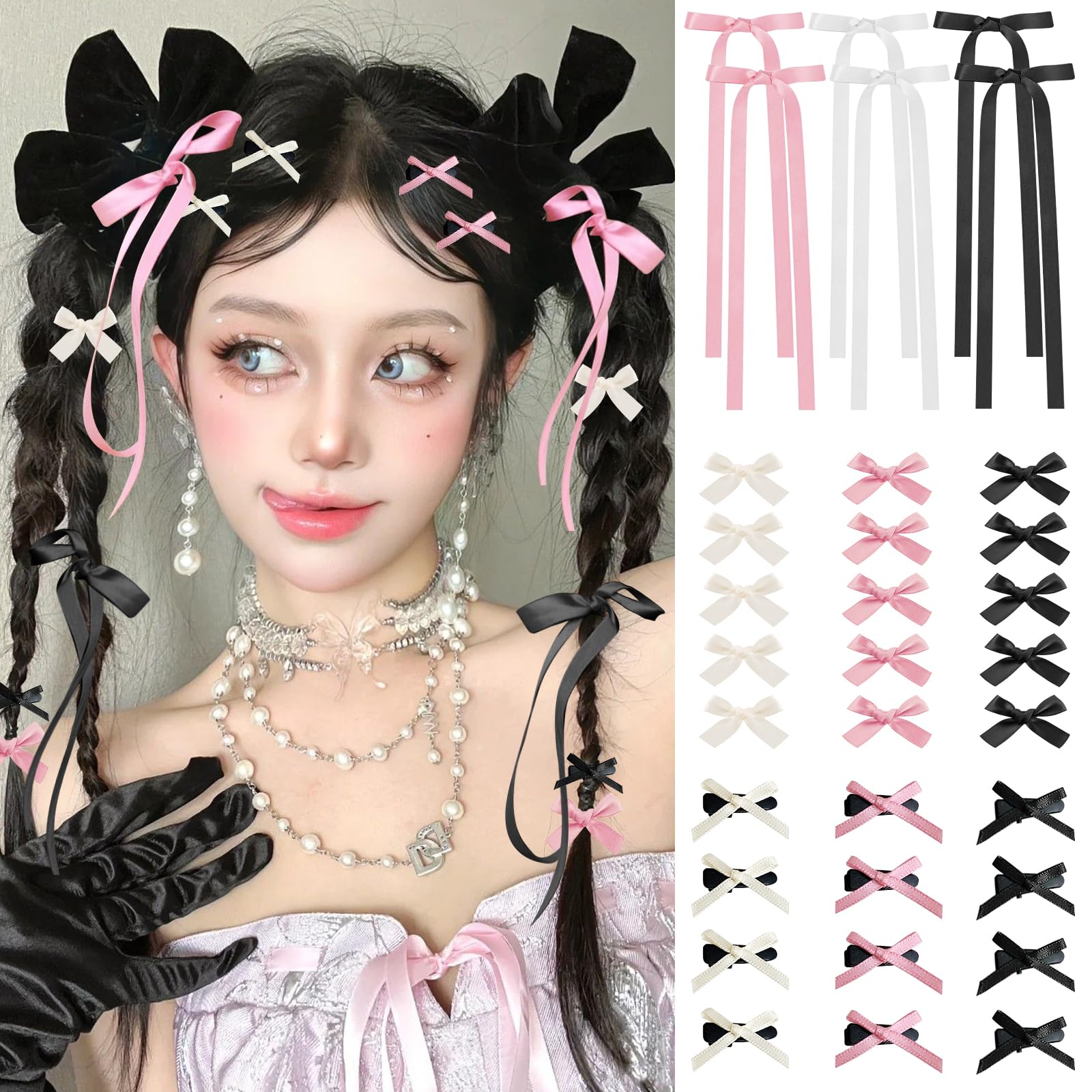 Photo 1 of Mini Hair Bows for Women Girls Cute Hair Clips Small Alligator Long Tail Hair Ribbon Accessories -3 Styles -36P - Black White Pink