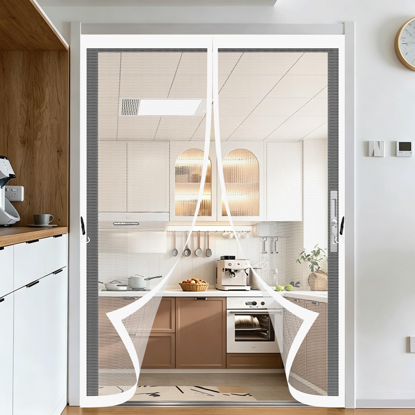 Pshzhim White Fly Screen For Doors 96 X 234 Cm With Stay Open Buckles Magnetic Top-To-Bottom Seal Snaps Shuts Magnetic Fly Screen For Doors For Outdoor, Gym, Sun House Porch,