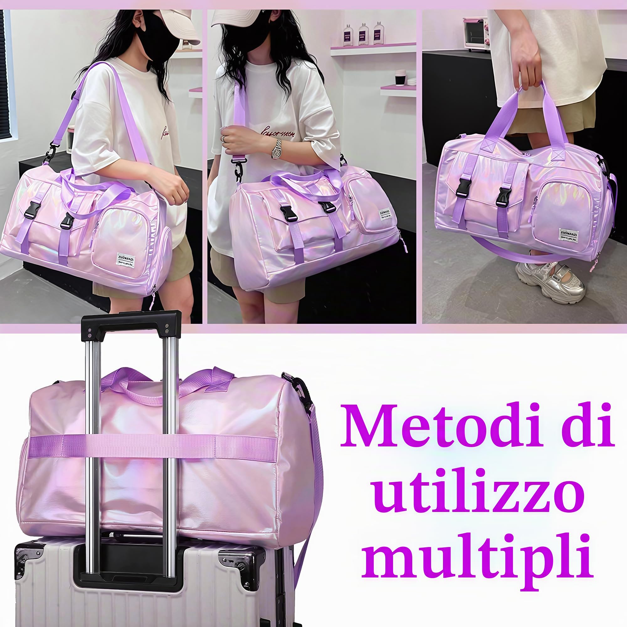 Borsone da Viaggio, Bagaglio a Mano Borsa da Viaggio con Scomparto per le Scarpe,Borsa per Attrezzatura Sportiva con Zip,45 x 26x 21 cm,26 toppe ricamate con lettere Adesivi