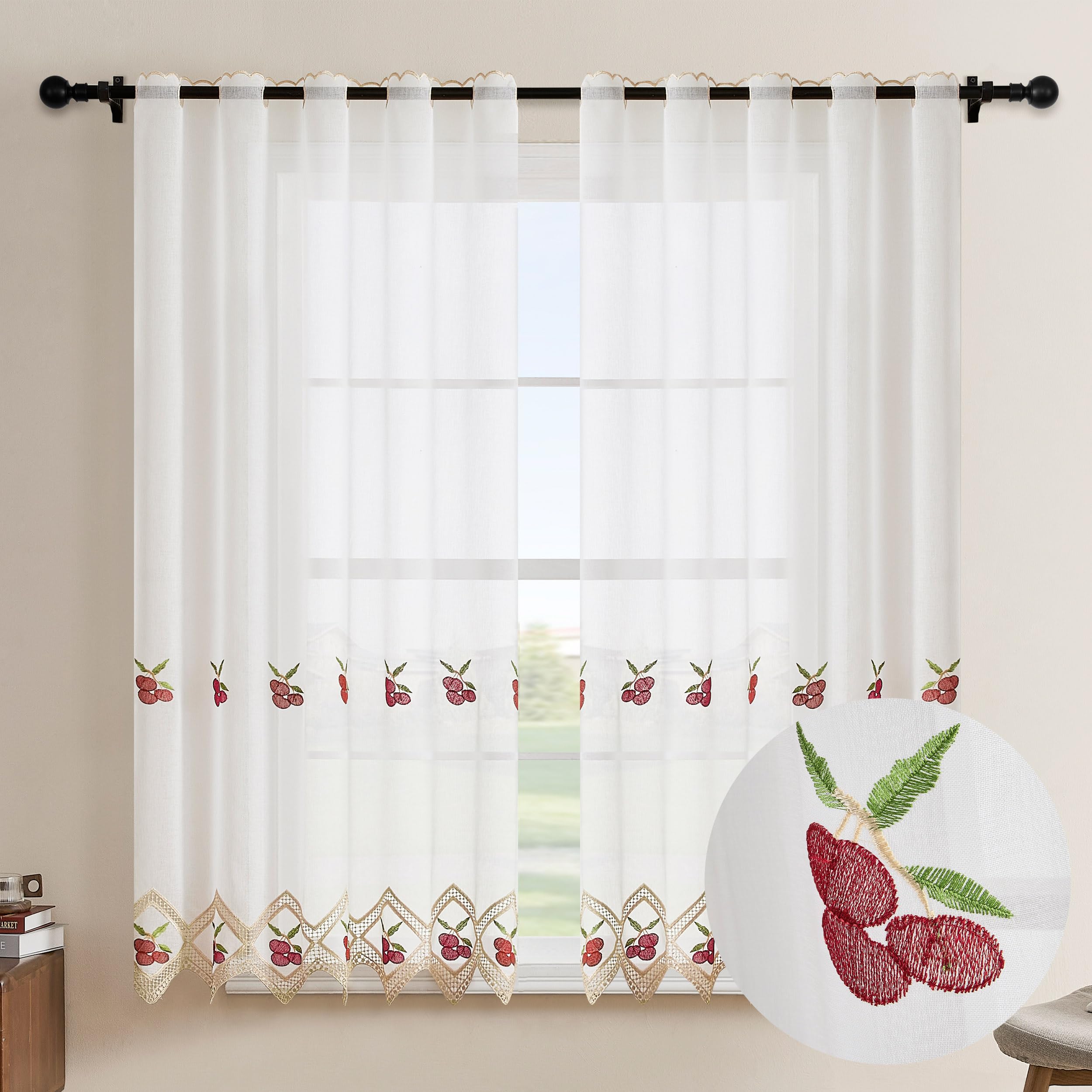 DALINA Textil - Cortina Cocina 150 x 140 cm, Visillo Cocina con Bordados Transparente Dos Paneles (Cerezas)