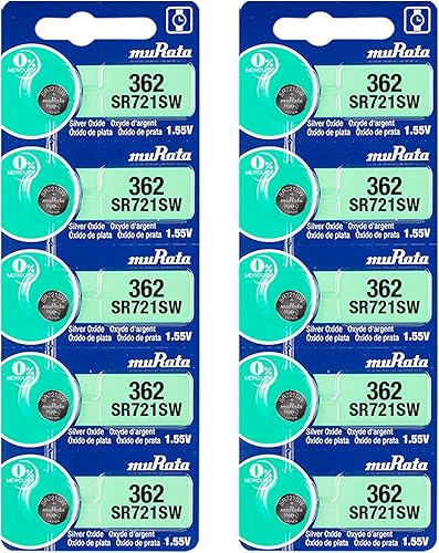 Murata 362 Batería SR721SW 1.55V Celda de botón de reloj de óxido de plata (10 baterías)