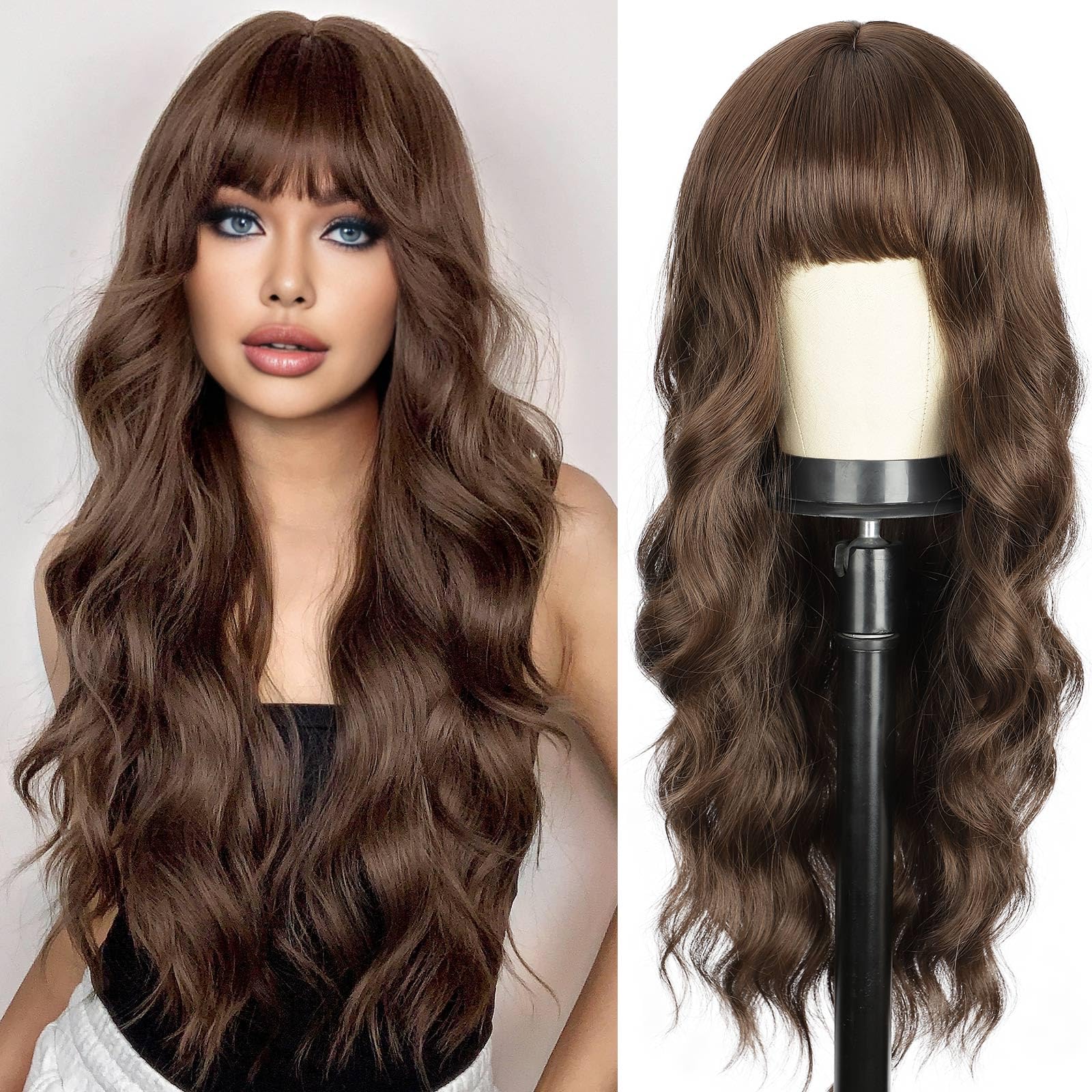 BOGSEA Brown Wig with Bangs Long Brown Wigs for Women 26 Inch Synthetic Heat Resistant Fiber Wigs for Daily Party (Brown)