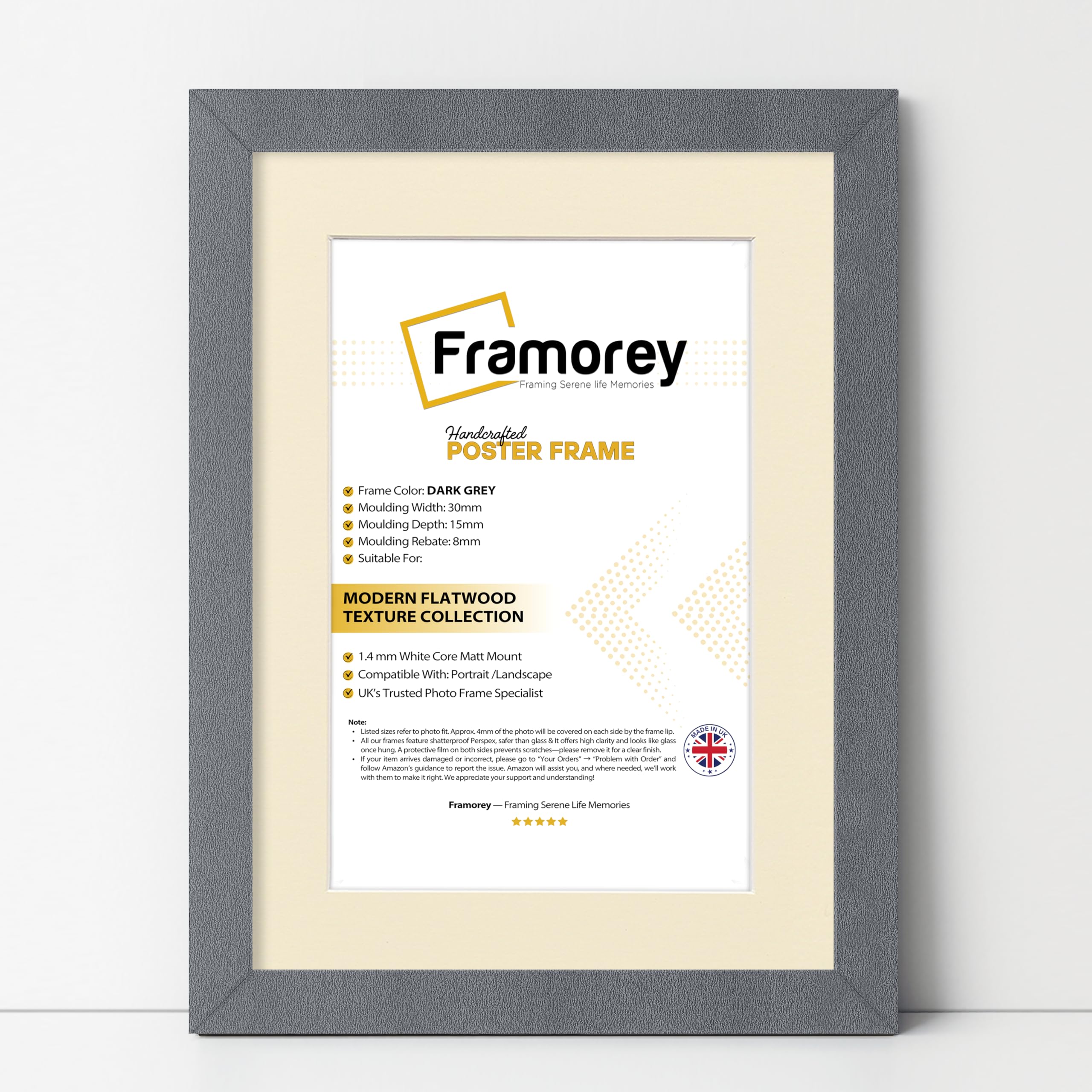 Framorey Framing Serene Life Memories Dark Grey With Ivory Mount Framorey Oxford Flat Wooden Effect Picture Frame, Dark Grey 26X20 Size Photo Frame With 22X16 Ivory Mount, Handmade Wall Art Poster Frame, Best Living Room Photo Frames