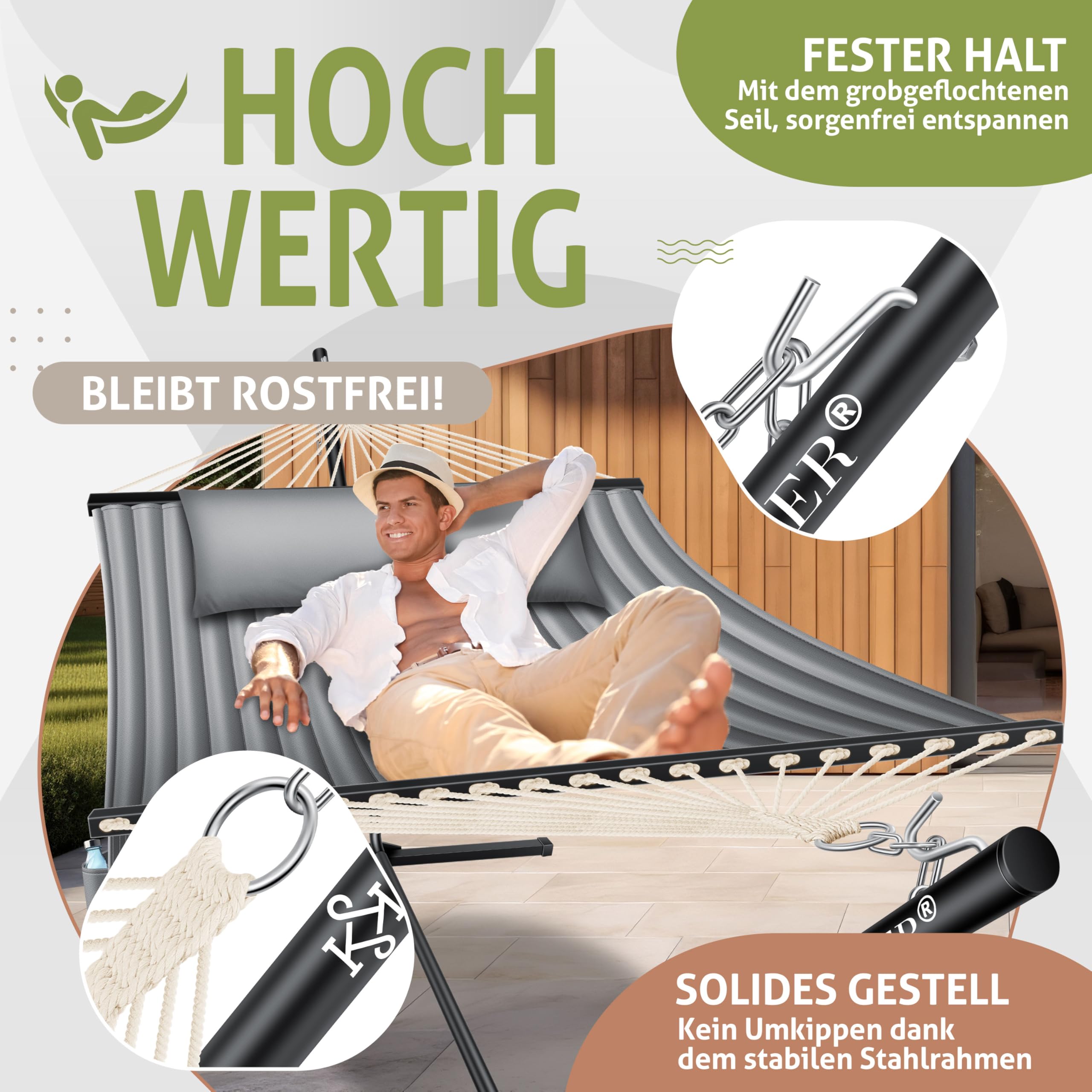 KESSER® Amaca con telaio e cuscino, Amaca doppia per 2 Persone, Portata 200 kg, Interno ed esterno, XXL, Sedia sospesa, Giardino, Piscina, Balcone, Terrazza - Grigio