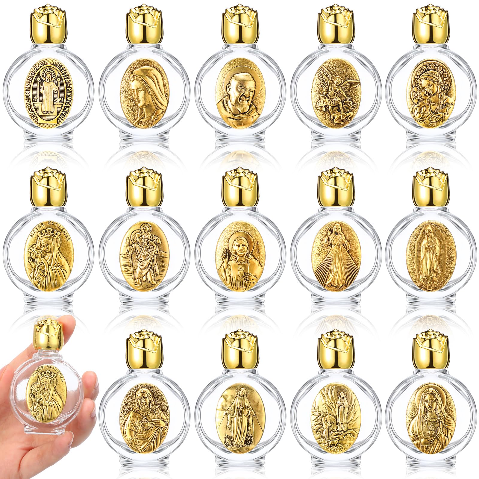 Domensi 14 Pcs Small Glass Holy Water Bottle Bulk 0.5 Floz Embossed Catholic Holy Water Bottles Empty Travel Girls Gifts for Church Events Baptisms Home Wedding(Gold)