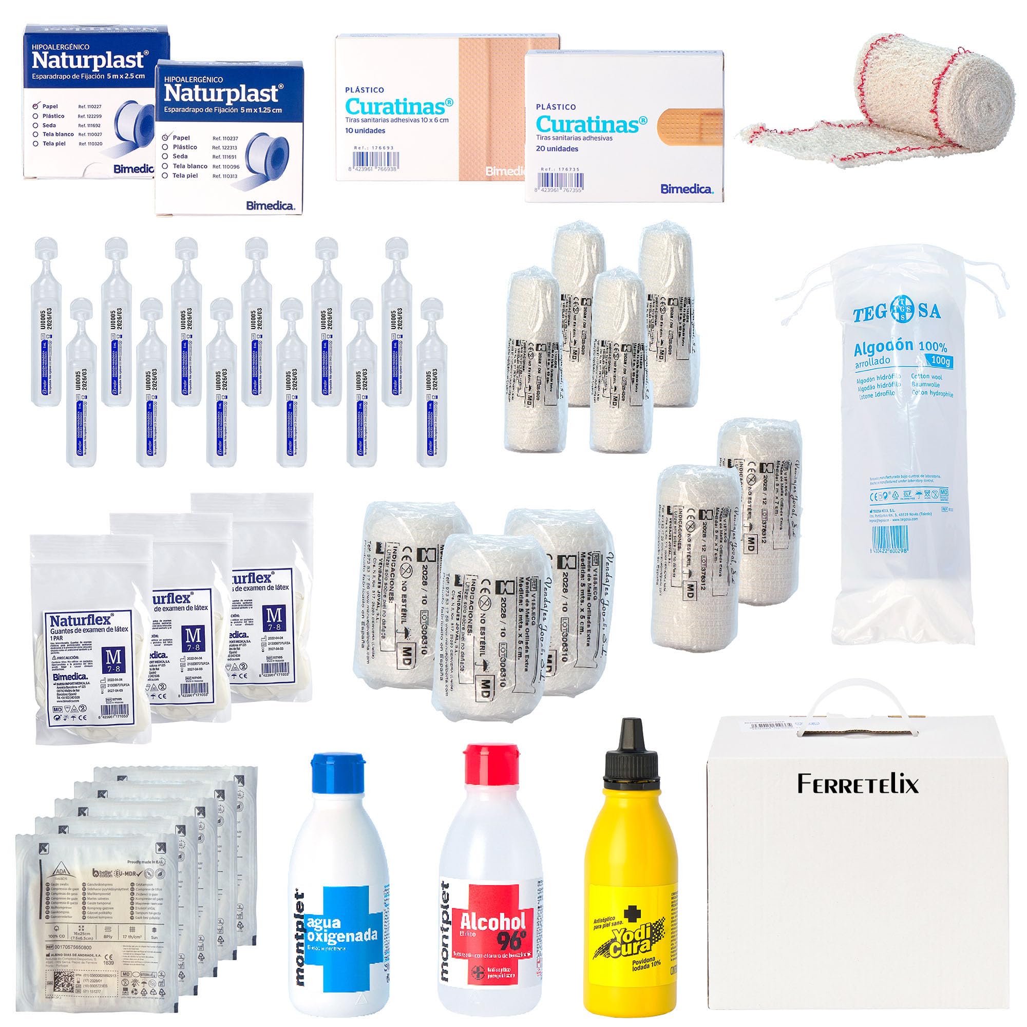 Ferretelix®, Kit reposicion Armario/maletin botiquin primeros auxilios con productos homologados cumpliendo la normativa CE Fabricado en España
