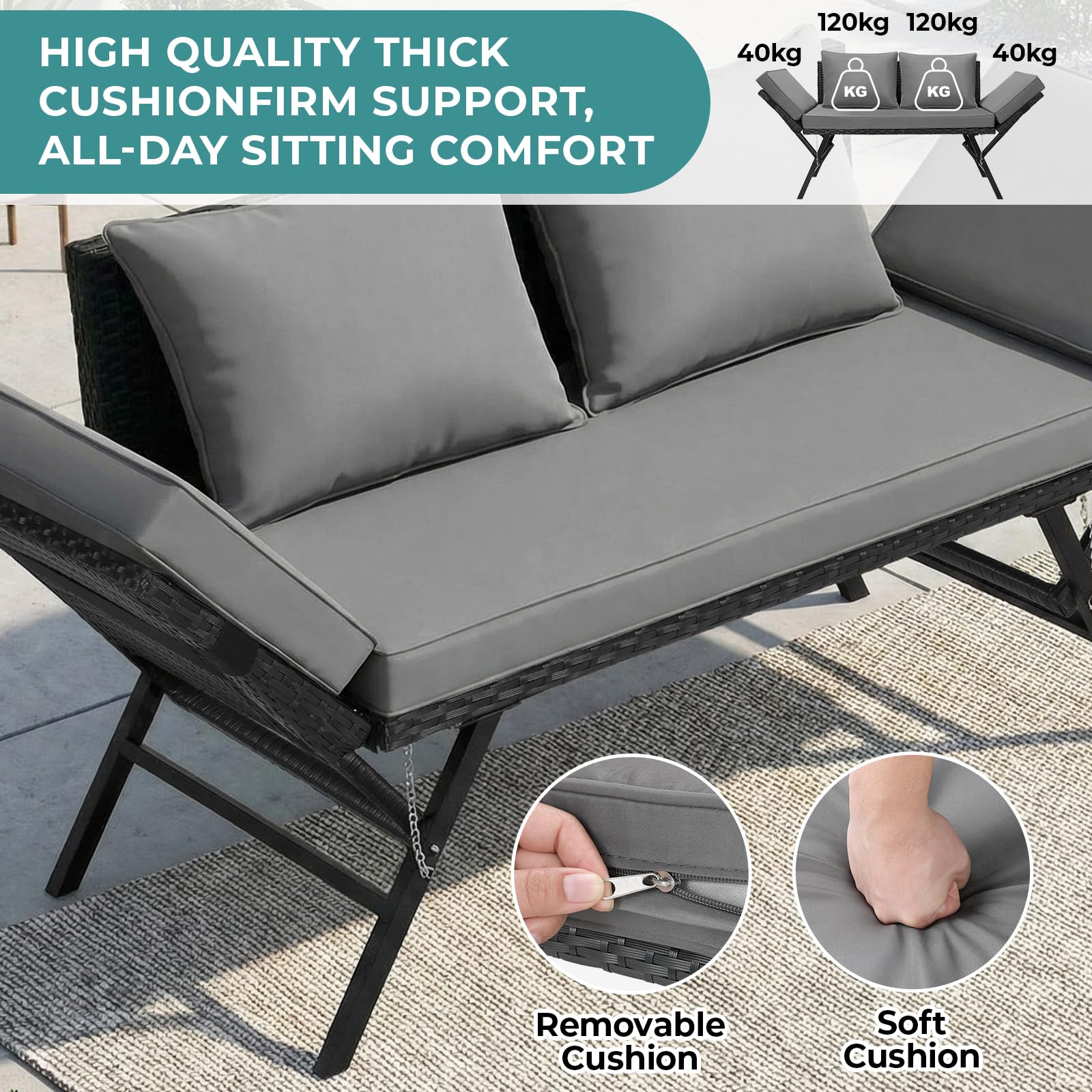 LIFERUN Gartenbank Polyrattan mit Liegefunktion, 2-Sitzer Polyrattan-Möbel, Rattan Gartensofa mit Verstellbare Armlehnen, Gartenbank Wetterfest für Garten, Balkon,Terrasse (Schwarz),2PCS Kissen