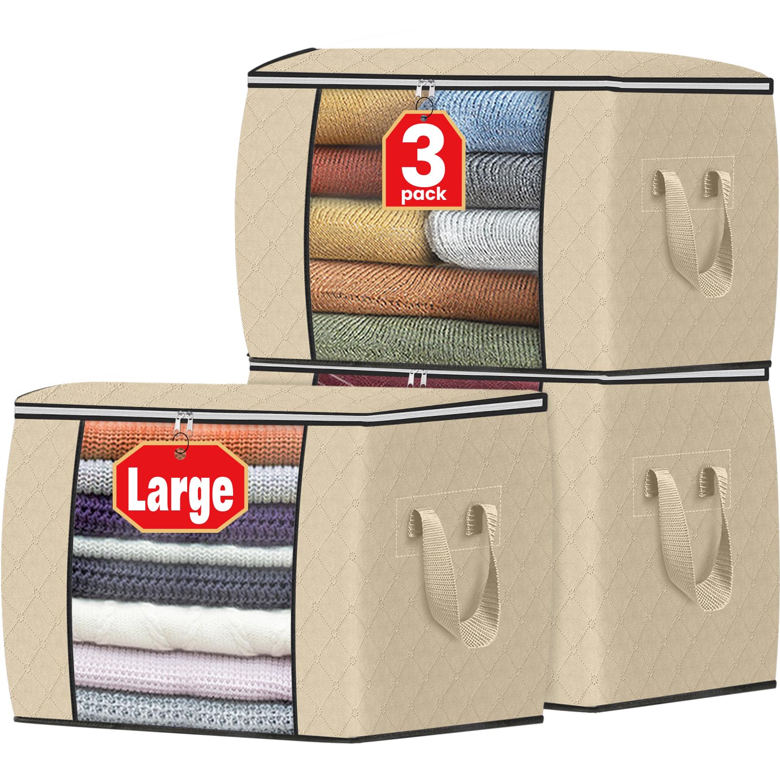 Fab totes 24 Gallons Clothes Storage, Foldable Thick Fabric Blanket Storage Bags, Containers for Organizing Bedroom, Closet, Clothing, Comforter, Organization with Handle (3 Pack,Beige)