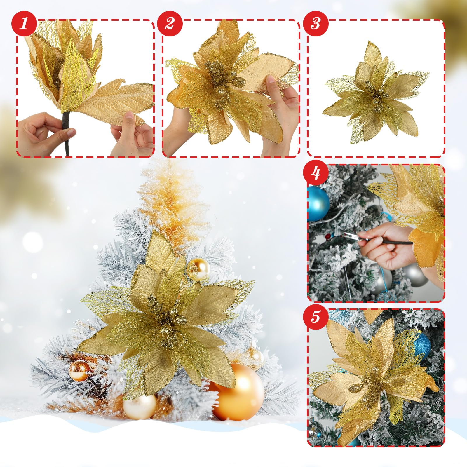 Riceshoot 8 piezas de flores artificiales de Pascua de Navidad, decoraciones de árbol de Navidad de tela decorada con purpurina con clips y tallos para corona de Navidad, adornos de fiesta de boda