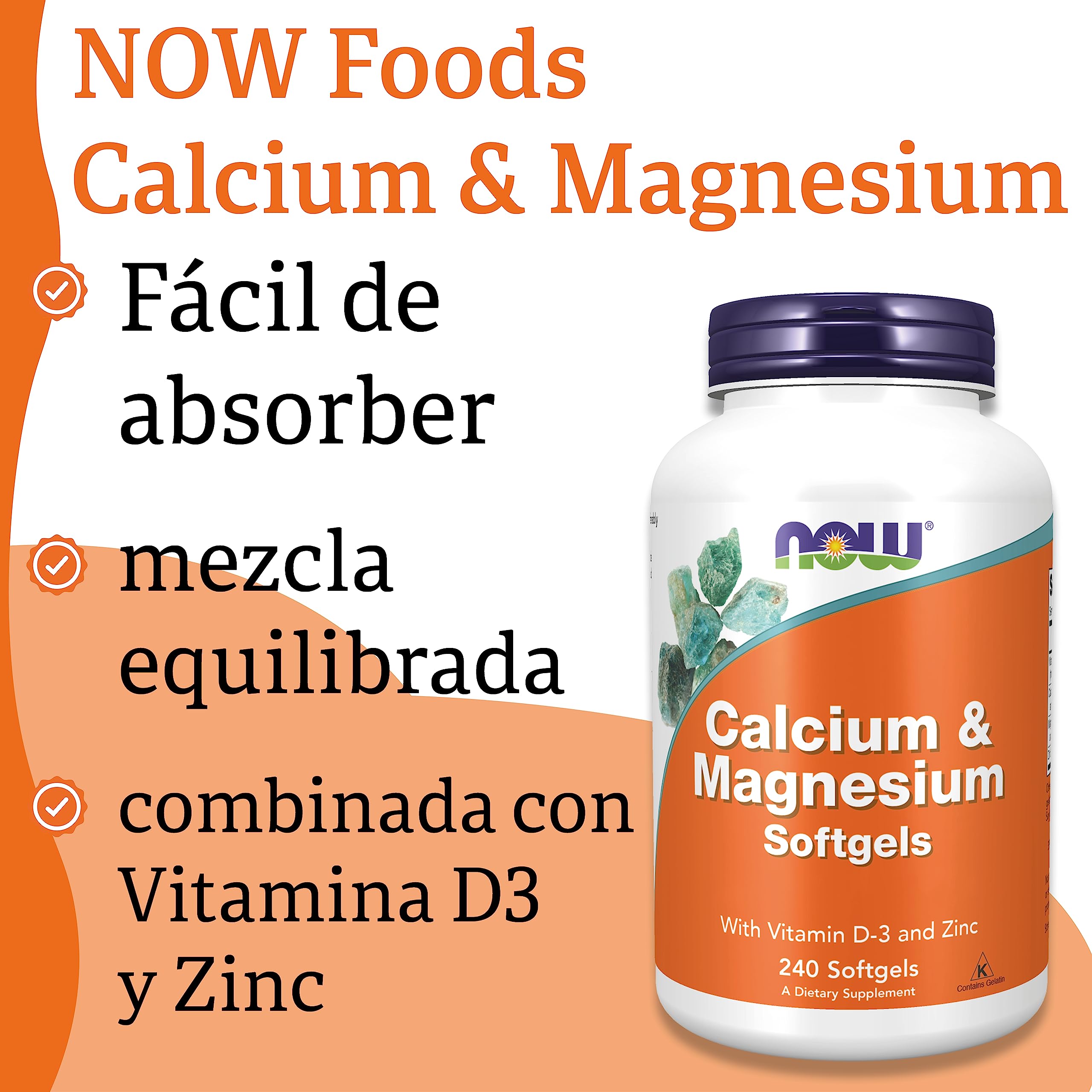 Now Foods, Calcium & Magnesium Softgels, 240 Cápsulas blandas, Probadas en Laboratorio, Vitamina D3, Zinc, Sin Gluten