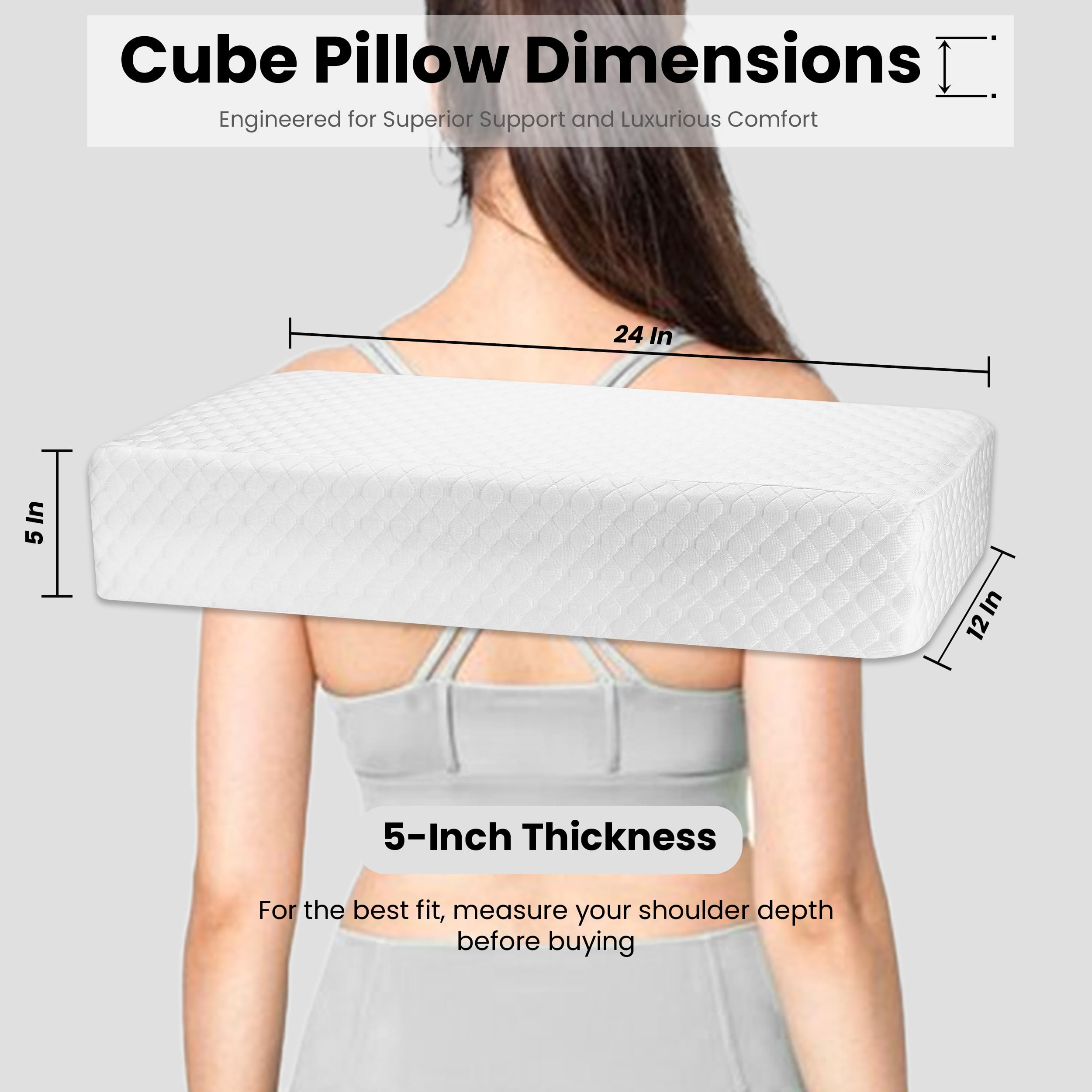 BlueBanana Cube Pillow for Side Sleepers, Pain Reduction Cube Memory Foam Pillow with Extra Pillow Cover | Provide Head and Neck Support | 24”x 12”x 5” Inches Square Pillow