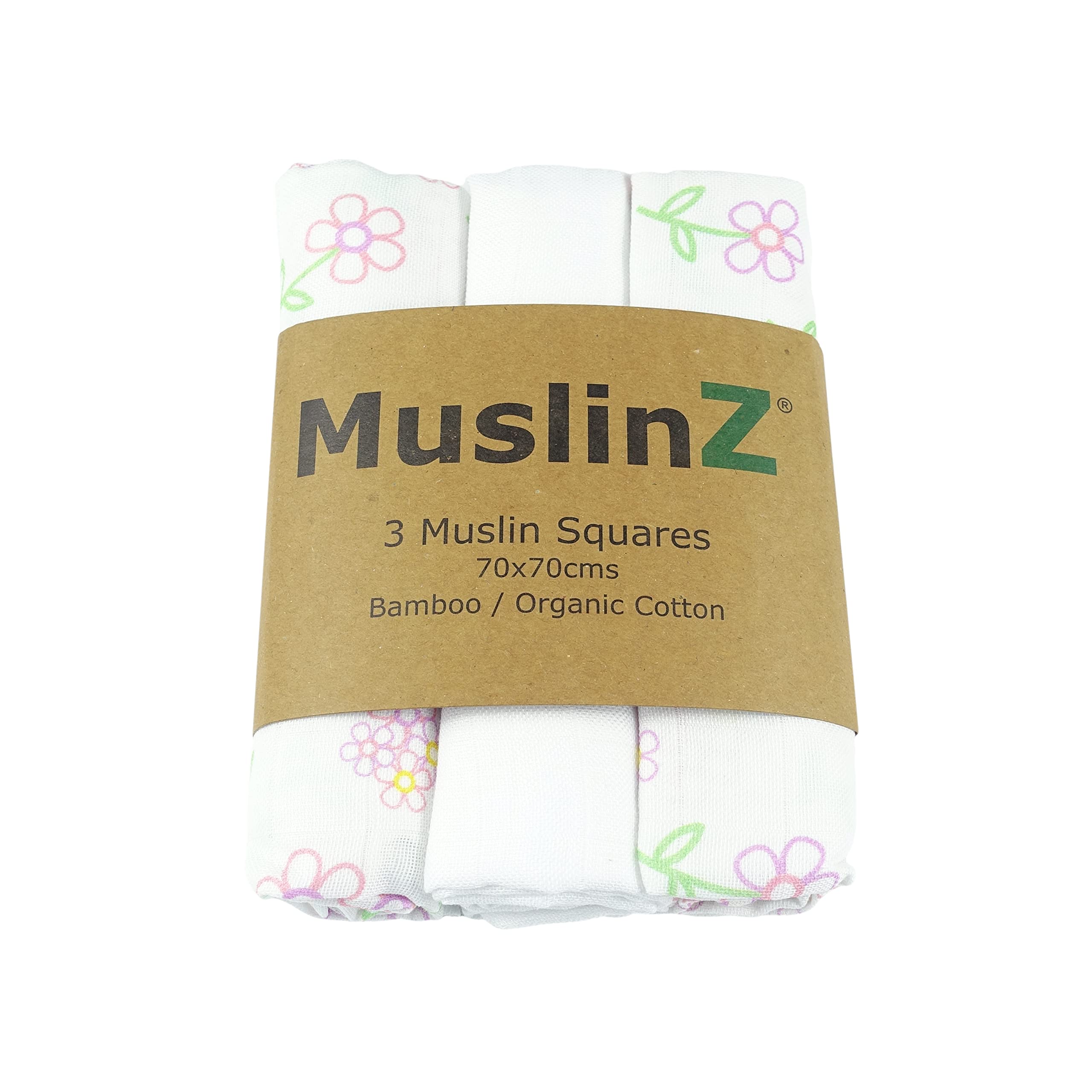 Muslinz Flower 3Pk Baby Muslin Squares, Burp Cloths, Newborn Essentials, Soft Bamboo/Organic Cotton 70 X 70Cm (Flower)