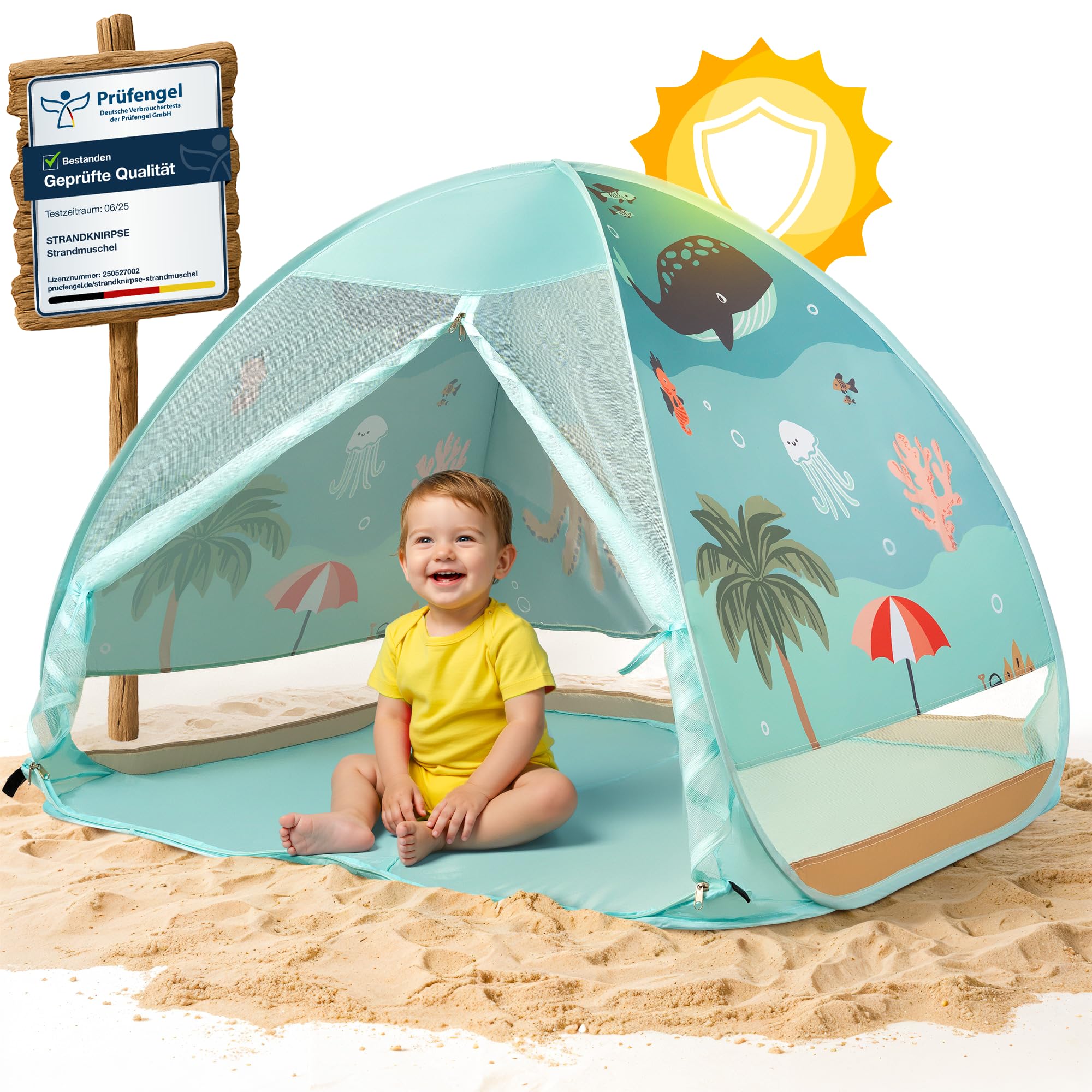 Strandknirpse® Strandmuschel mit UV Schutz 50+ für Kinder Baby Babys Kleinkinder Strandzelt Pop-Up pop up Windschutz Strand Zelt mit Tragetasuche und Heringe Sonnenschutz klein (UnderwaterLife)