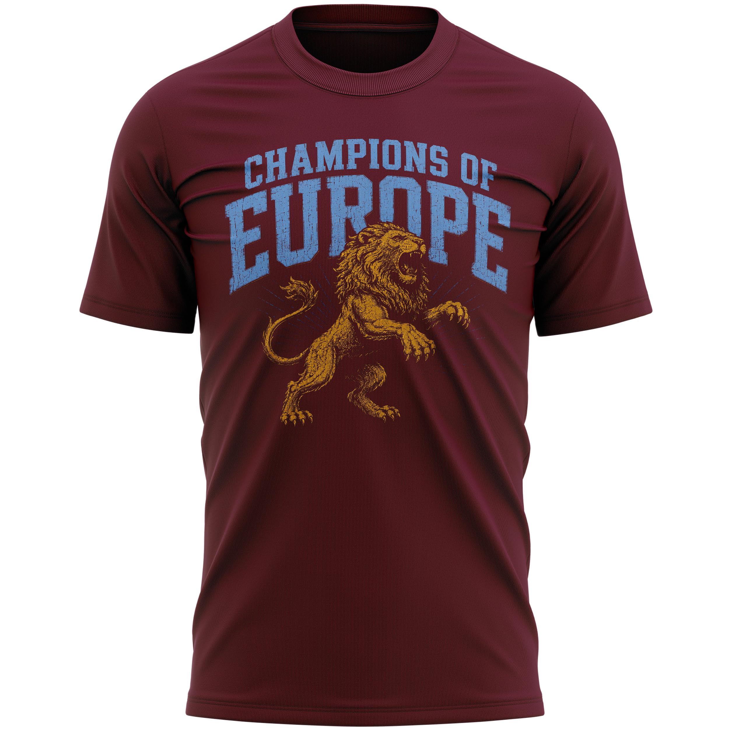 Champions of Europe Mens T Shirt - Aston Gold Lion Graphic Tee for Football Supporters, S, Maroon