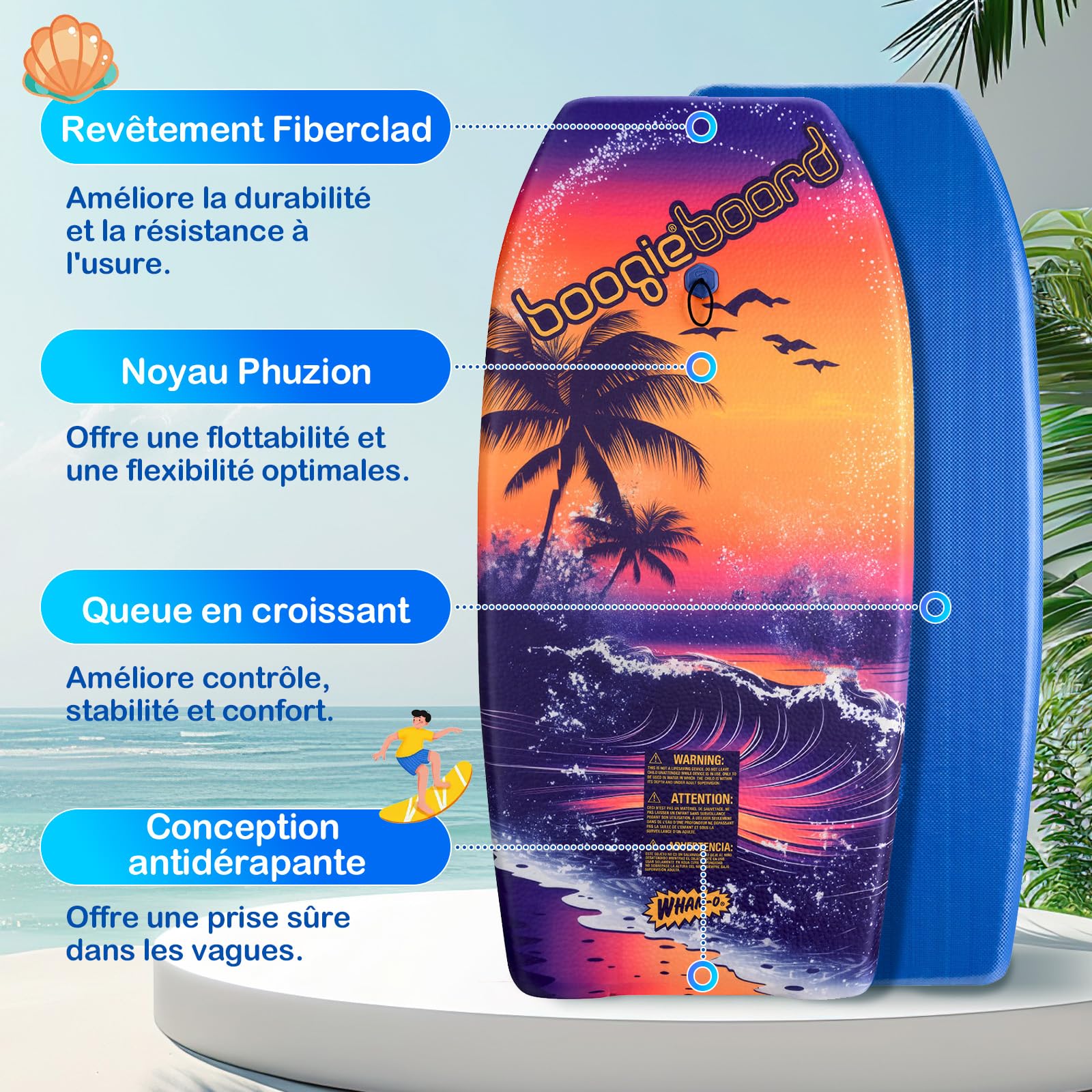 Wham-O Bodyboard Lot de 2 Planches de Natation pour Plage et Piscine - Planche de Surf légère pour Enfant - 94 x 46 x 10 cm - Revêtement Fiberclad Noyau Phuzion - avec Leash pour Un Maintien sûr