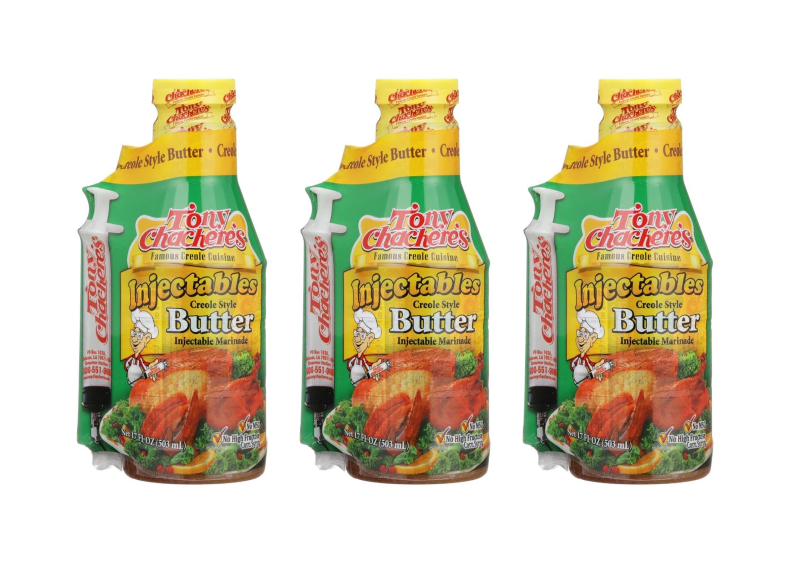 Tony Chachere Injectable Marinades with Injector, Creole Style Butter, 3 Count