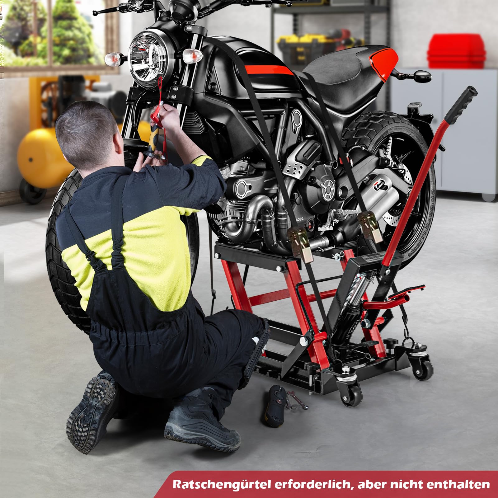 GYMAX Elevador de Motocicleta, Plataforma Elevadora con Capacidad de Carga de 680 Kg, Elevador Hidráulico Móvil con 4 Ruedas, Plataforma Antideslizante para Reparación, para Motocicletas (Rojo)