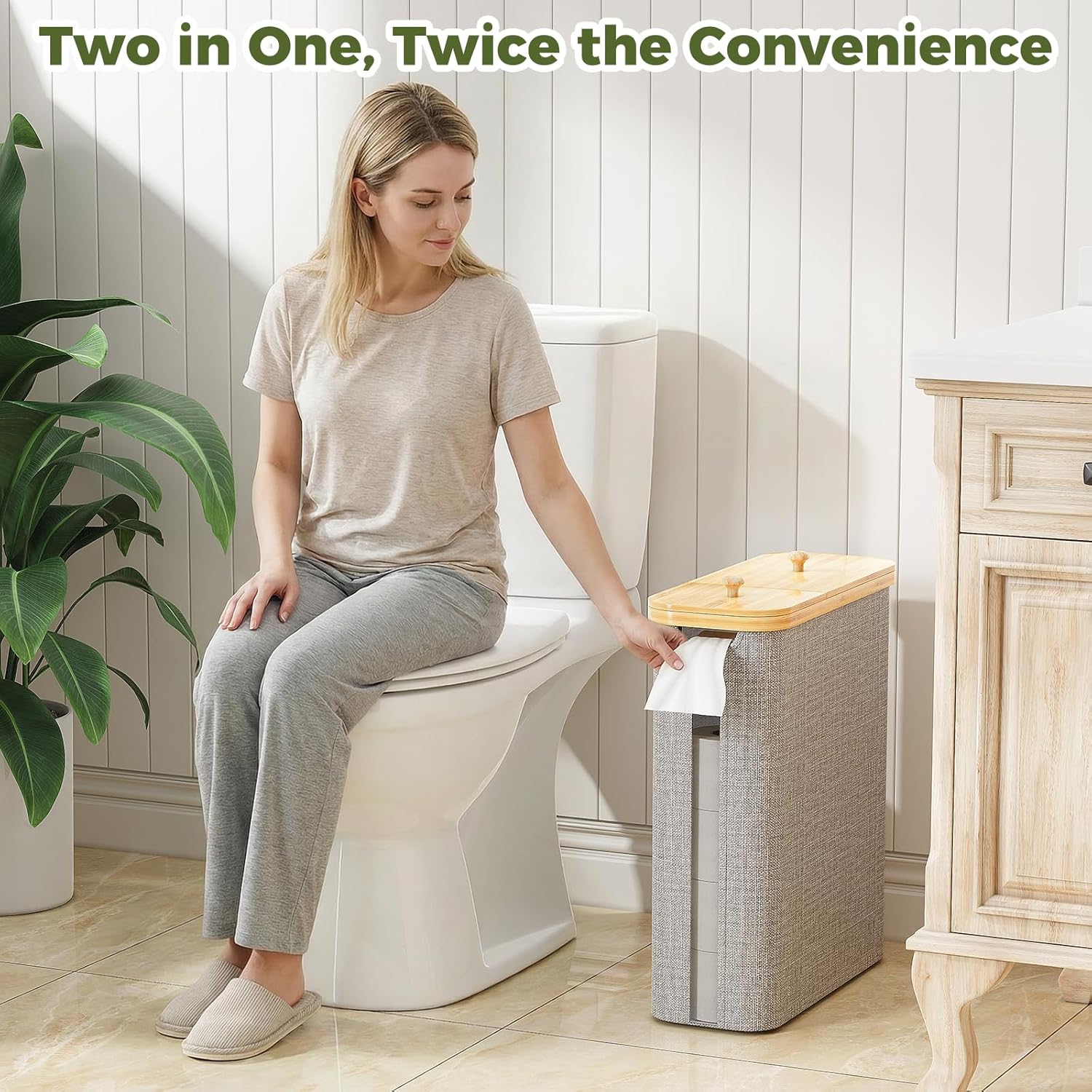 42L Toilet Paper Basket with Bamboo Lid, Toilet Paper Storage with Toilet Paper Holder & Non-Slip Mat for Bathroom Organizer, Holds up to 19 Regular Rolls or 14 Mega Rolls, Collapsible & Stackable
