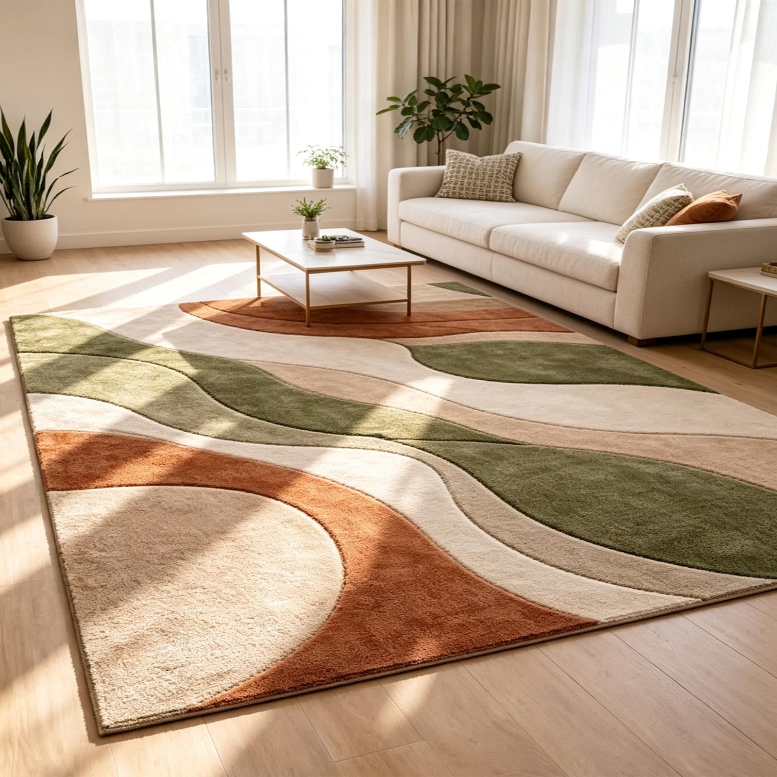 Moderner Wellenmuster Teppich 150 x 240 cm, waschbar, rutschfest, Terrakotta, Grün, Beige, geometrisches Muster, Kurzflorteppich für Wohnzimmer, Schlafzimmer, Flur, Waschküche