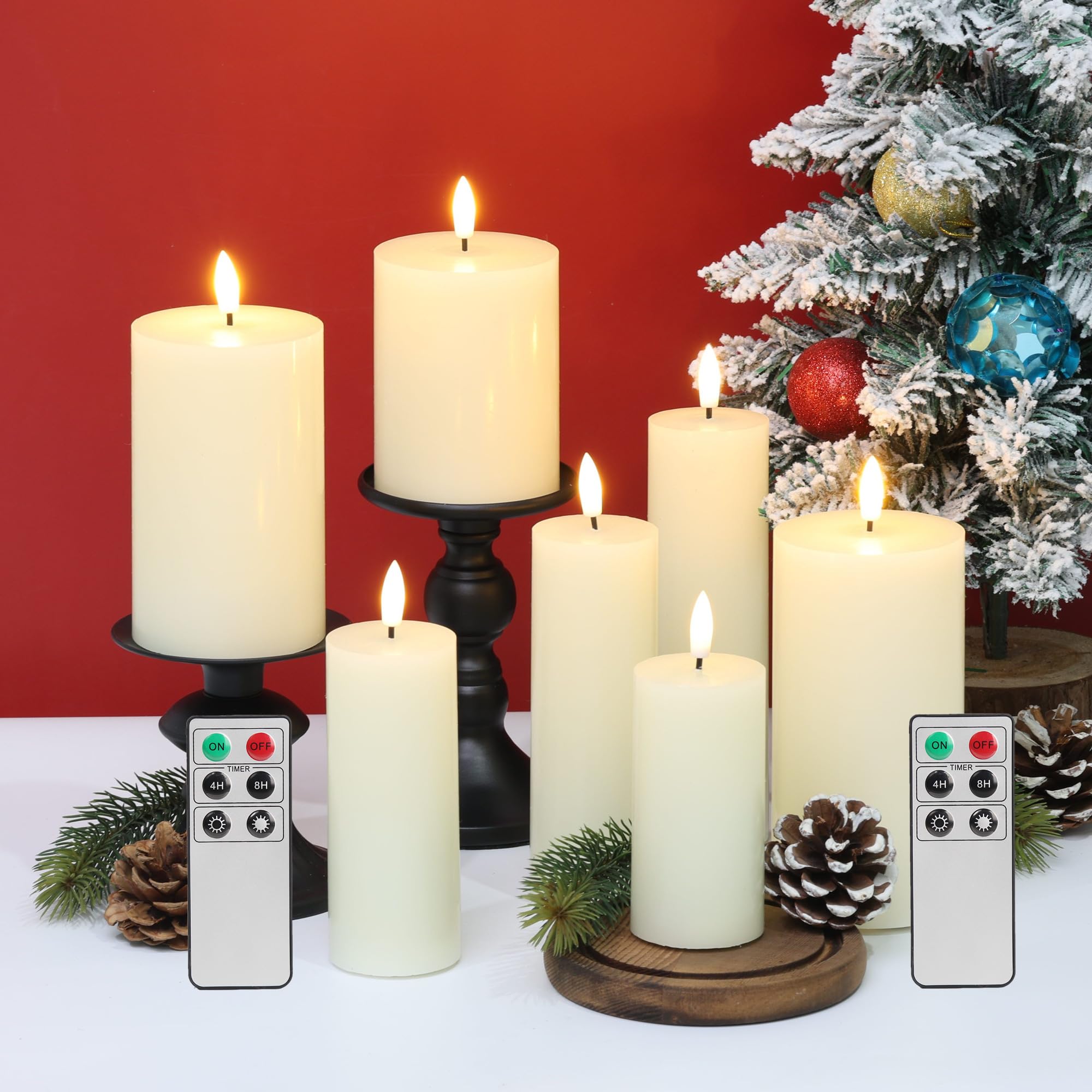 EywamageIvory Flat Top Flameless Pillar Candes with Remote, Real Wax Flickering Tall LED Battery Fireplace Candles Set of 7