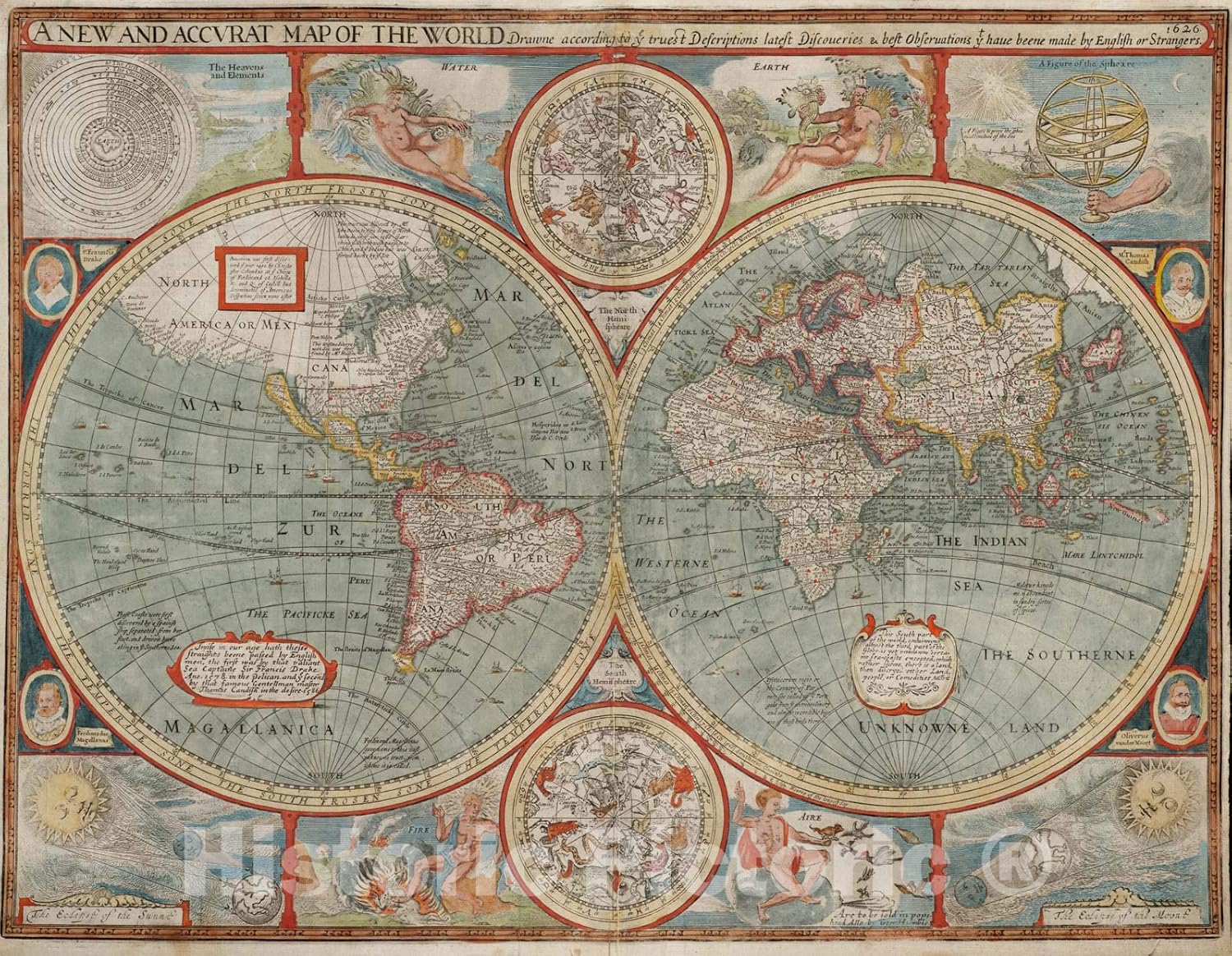 Historical Map, 1626 A New and accurat map of The World, Vintage Wall Art : 30in x 24in