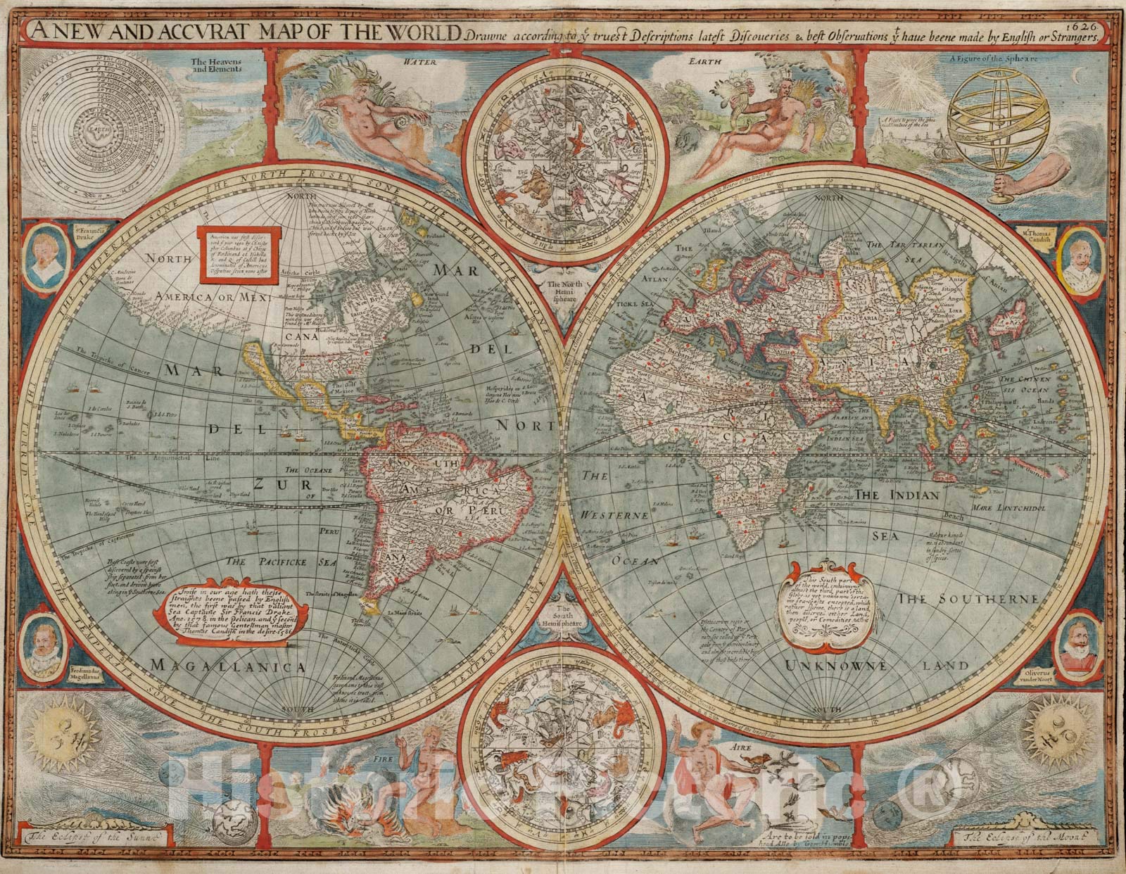 Historische Karte, 1626, eine neue und genaue Weltkarte, Vintage-Wandkunst: 76,2 x 61 cm