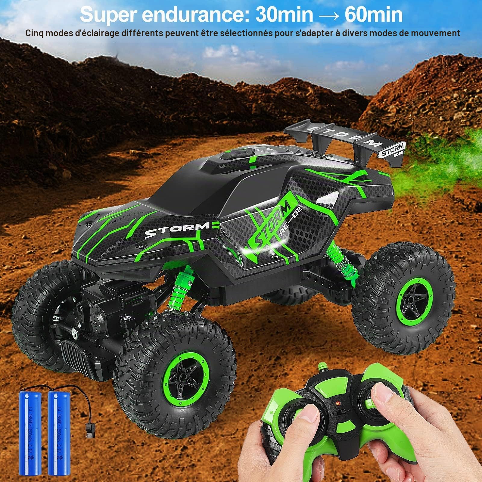 Herefun Voiture Telecommandé, 2.4GHz RC Voiture avec Lumière LED, Voitures Radiocommandées, 4WD Haute Vitesse RC Off Road Voiture Jouet pour Enfants Adulte d'anniversaire Cadeau (Vert)