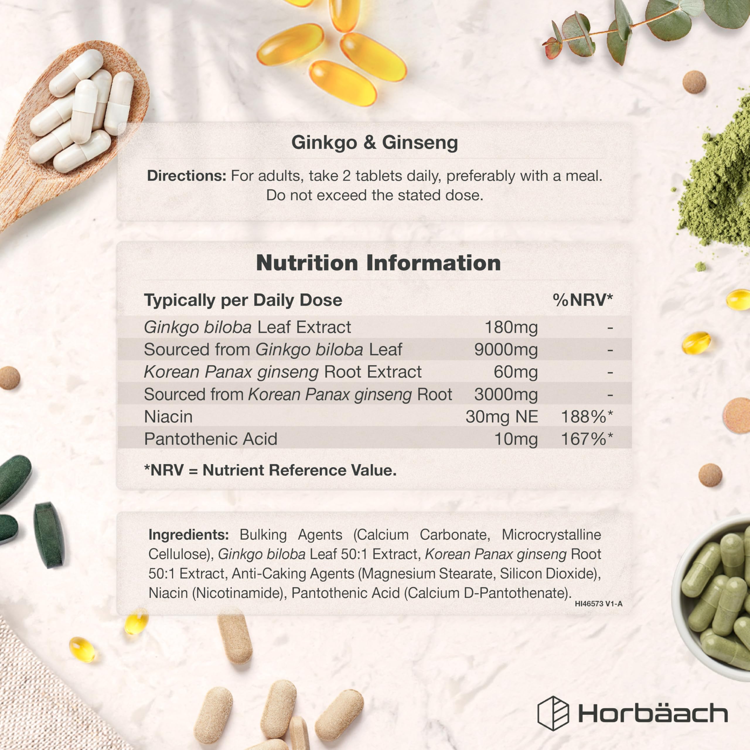 Ginkgo Biloba e Ginseng Integratore | Ginkgo 9000 mg e Radice di Ginseng Coreano 3000 mg | 180 compresse vegane | di Horbaach
