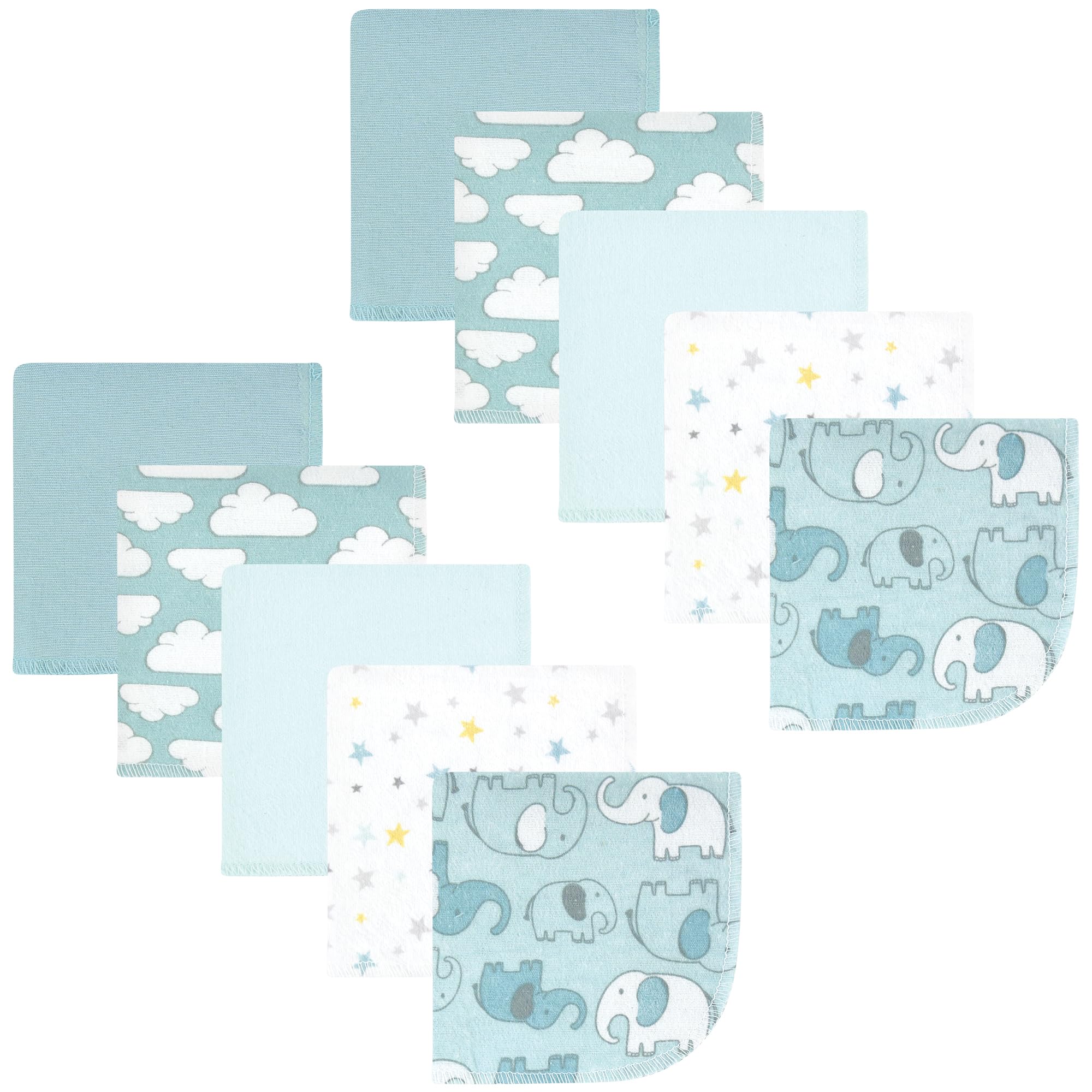 Hudson Baby Unisex Baby Flannel Cotton Poly Washcloths, Boy New Elephant 10Pk, One Size