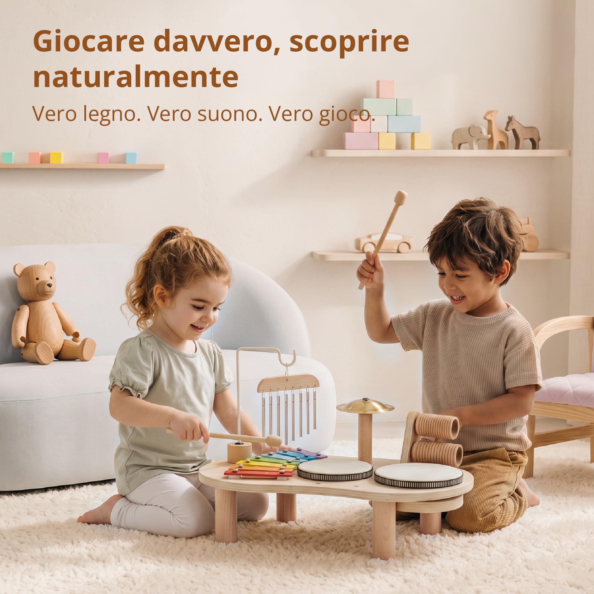 Strumenti Musicali in Legno per Bambini da 1 a 3 Anni, Batteria Montessori con Tamburo, Xilofono e Percussioni, Giocattolo Musicale Educativo, Regalo per Bambine e Bambini
