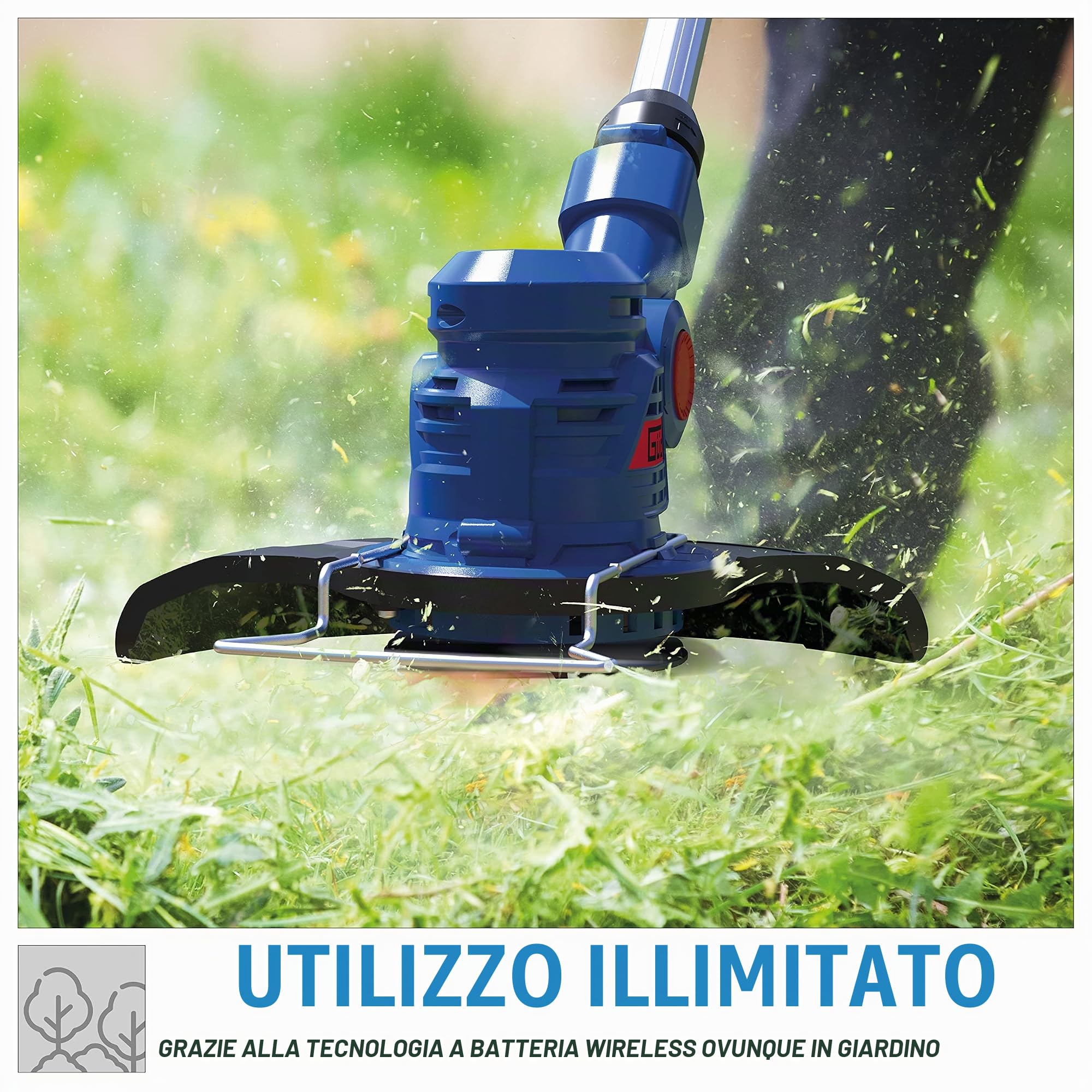 Güde 58599 - Tagliaerba a batteria RT 18-0 (include 20 lame di ricambio, testa girevole a 180°, staffa di protezione per piante Blu