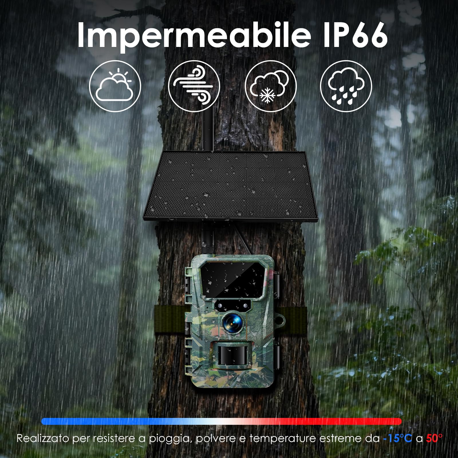 WOLFANG Fototrappola 4G con SIM e 64GB SD, 2K 48MP HD Fotocamera Solare Caccia con Batteria da 5200 mAh, Infrarossi Rilevatore di Movimento Visione Notturna IP66 Impermeabile