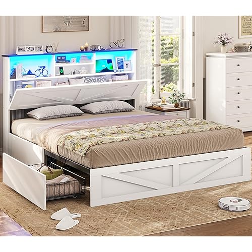 VIAGDO Farmhouse Bed Frame Queen Size with Bookcase Storage Headboard, Charging Station and LED Lights, Wooden Queen Bed Frame with 4 Drawers, Barn Door Design, No Box Spring Needed, No Noise, White
