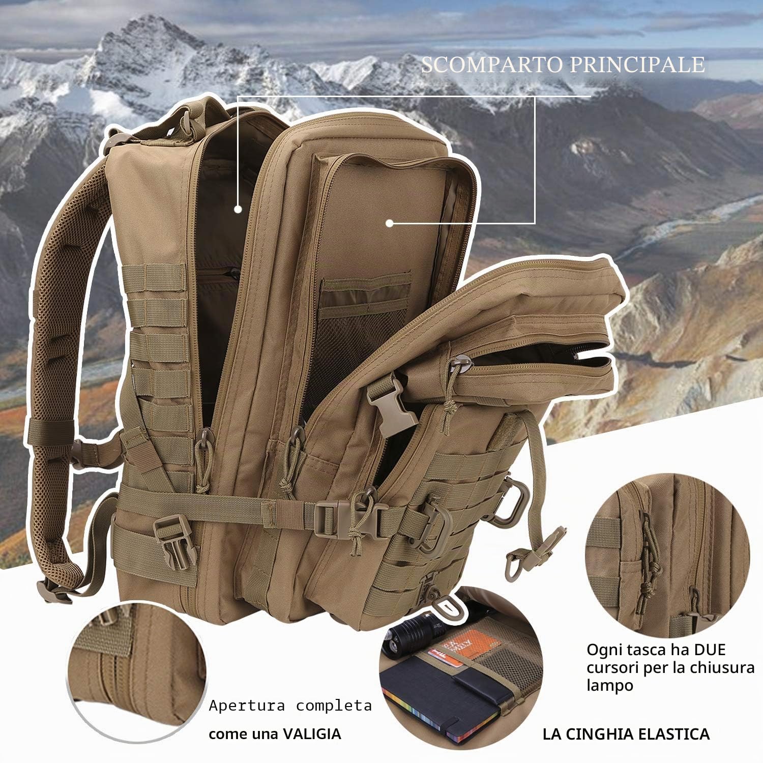 Hannibal Tactical Molle Assault Pack - Zaino tattico militare da campeggio, da 3 giorni, Coyote, 40L