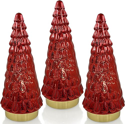 Árbol de Navidad de cristal rojo, 3 piezas, pequeño árbol de Navidad de mercurio de mesa con luz, árbol de Navidad a pilas para decoración de