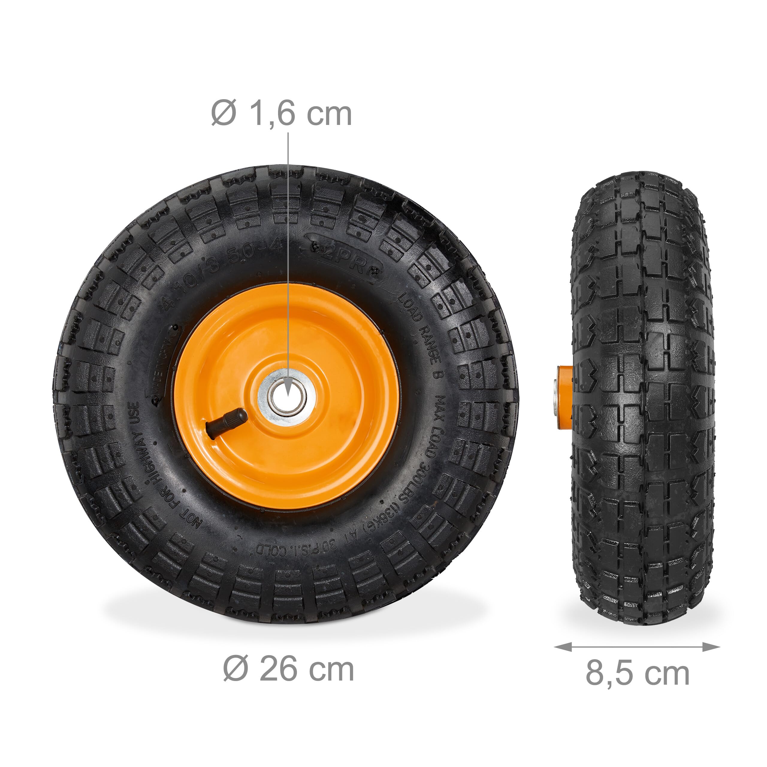 Relaxdays Lot de 4 Roues de Diable 4.10/3.50-4, pneus de Rechange, axe de 16 mm, 136 kg Max., 260x85 mm