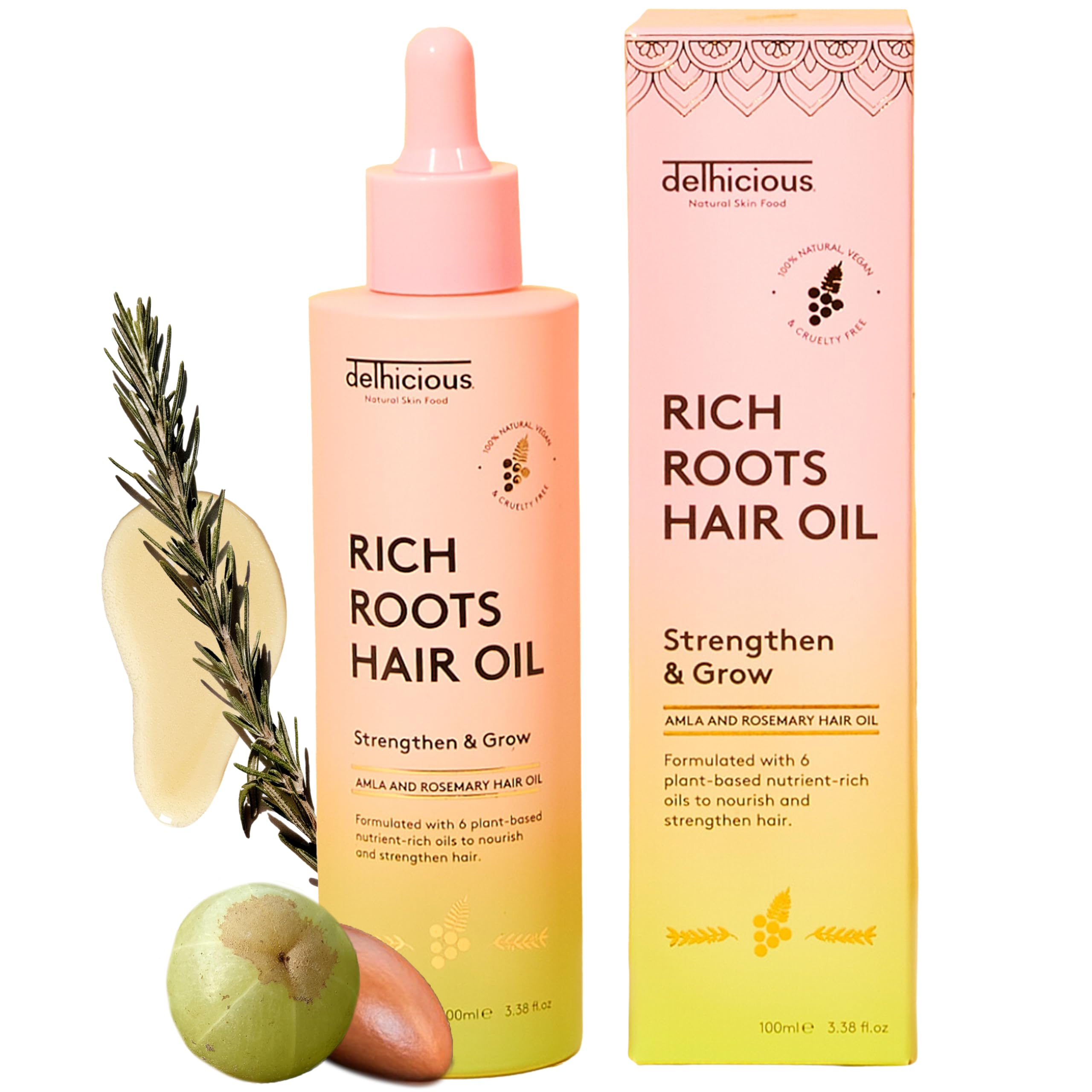 – Amla Hair Oil & Rosemary Oil for Hair Growth - Rich Roots Hair Loss Treatment for Thinning Hair - Dry Scalp Treatment with Argan Oil - Ayurveda Scalp Oil - Vegan, Sulphate Free - 100ml