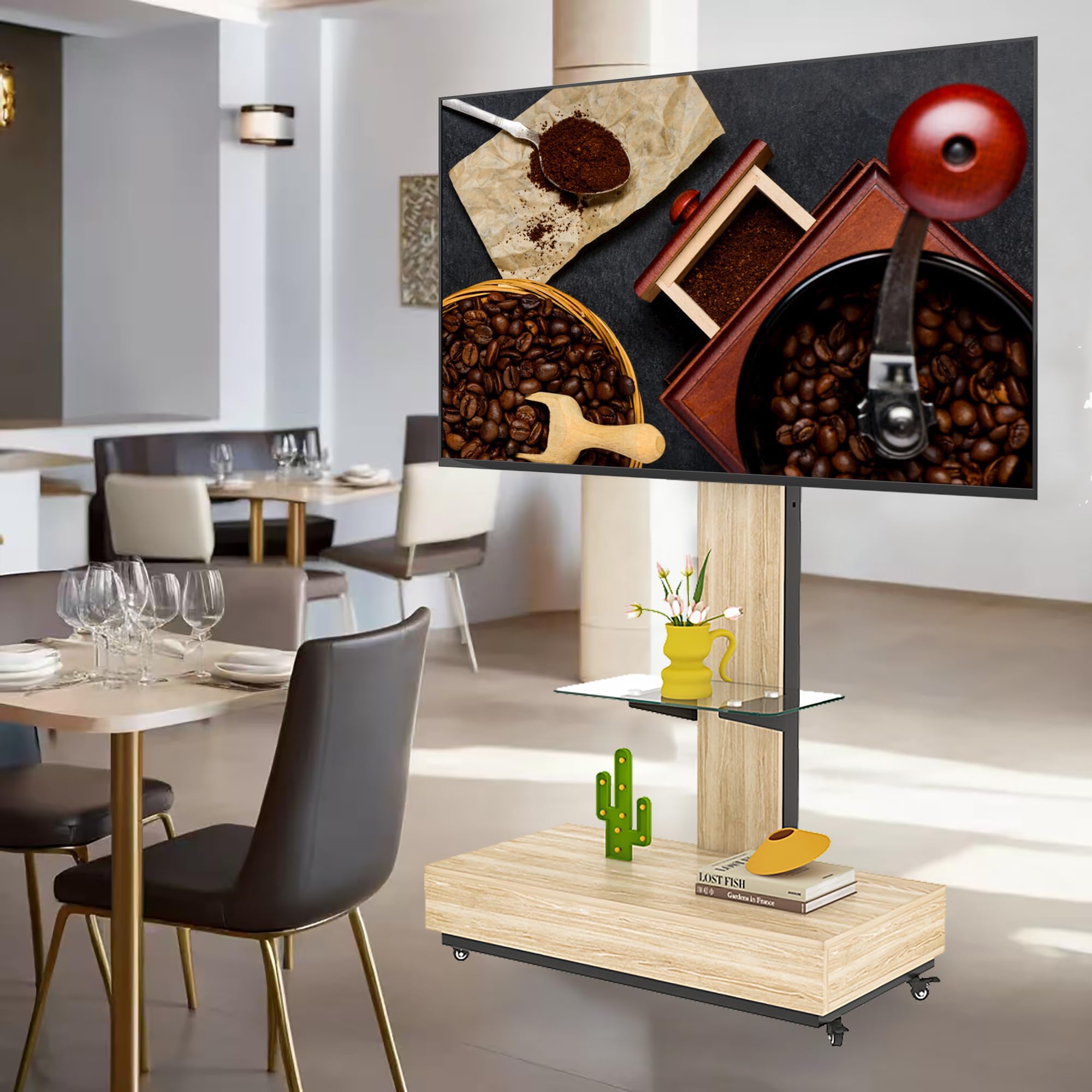 Sharejoyer Wood and Glass TV Stand with Wheels,TV Stand with Push-Pull Drawer,Height Adjustable Mobile TV Cart for Living Room, Bedroom, Office, for